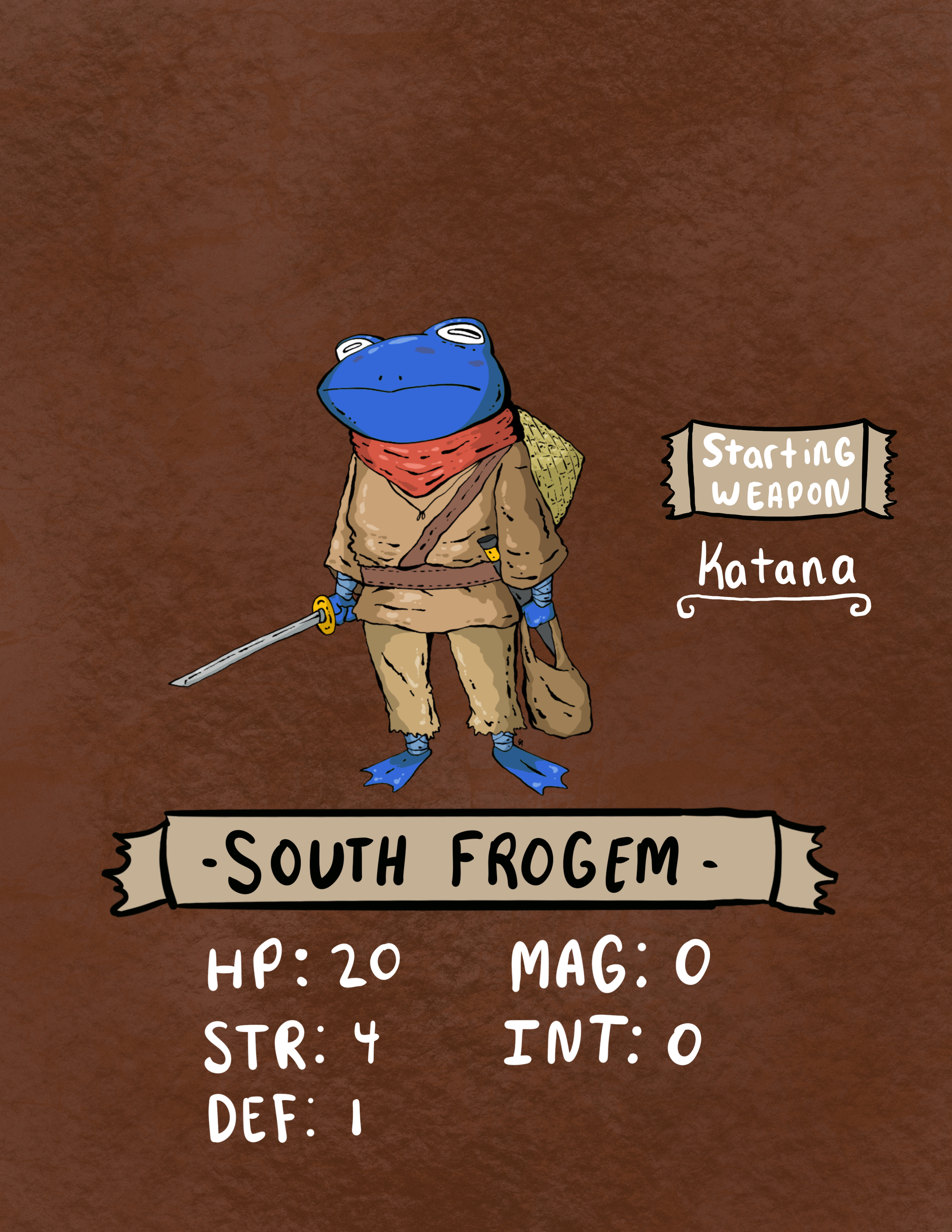 South Frogem differ from their northern cousins in that they are more of a battle focused group.  They mostly train in the ways of the Katana and spear and are always looking to better their mind, body, and spirit.  They too are peaceful, but have no