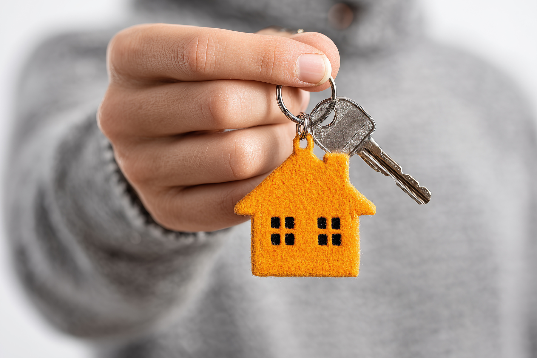 Hand holding keys on orange house keychain