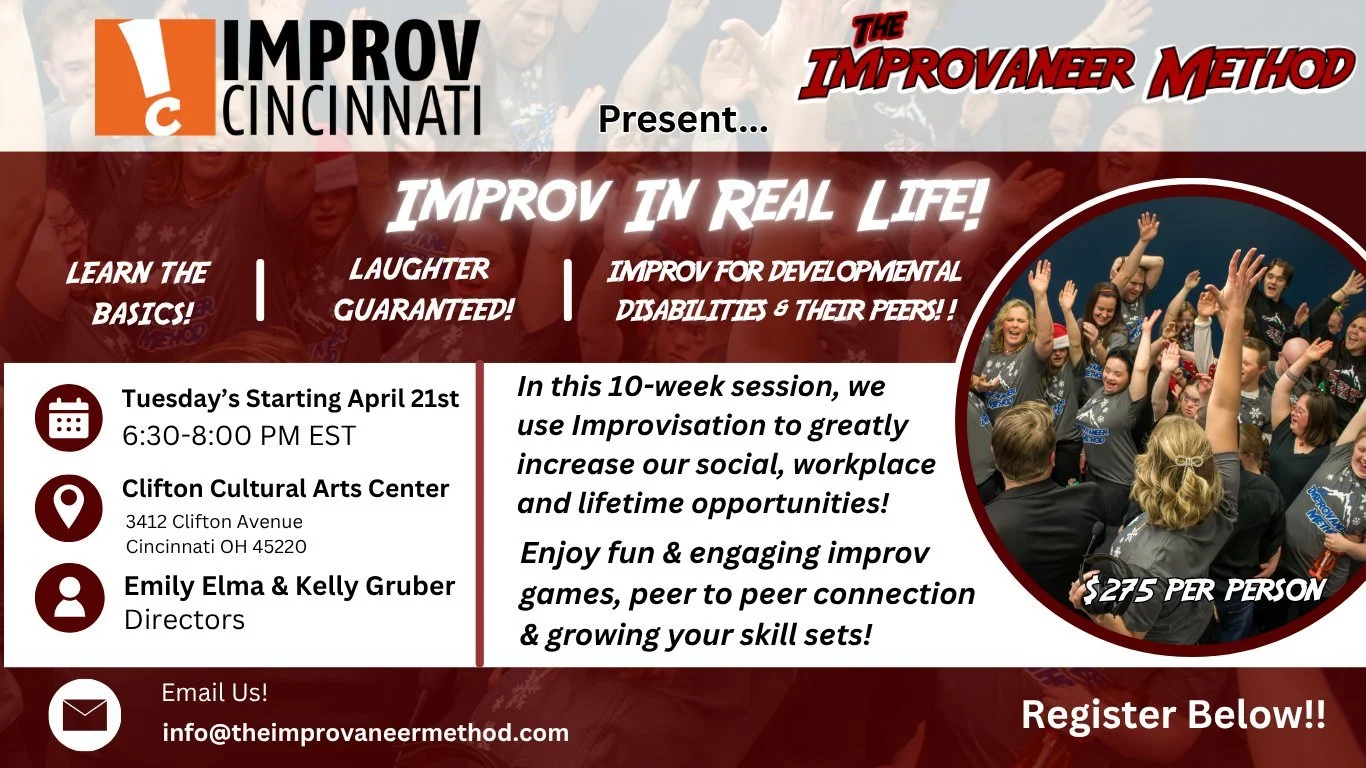 Our next session in Cincinnati is coming April 21st! 

Join Directors Emily and Kelly for a 10-week spring/summer improvisation session diving into improvisation basics and how  we can apply these skills to our real lives! 

Classes are filled with s