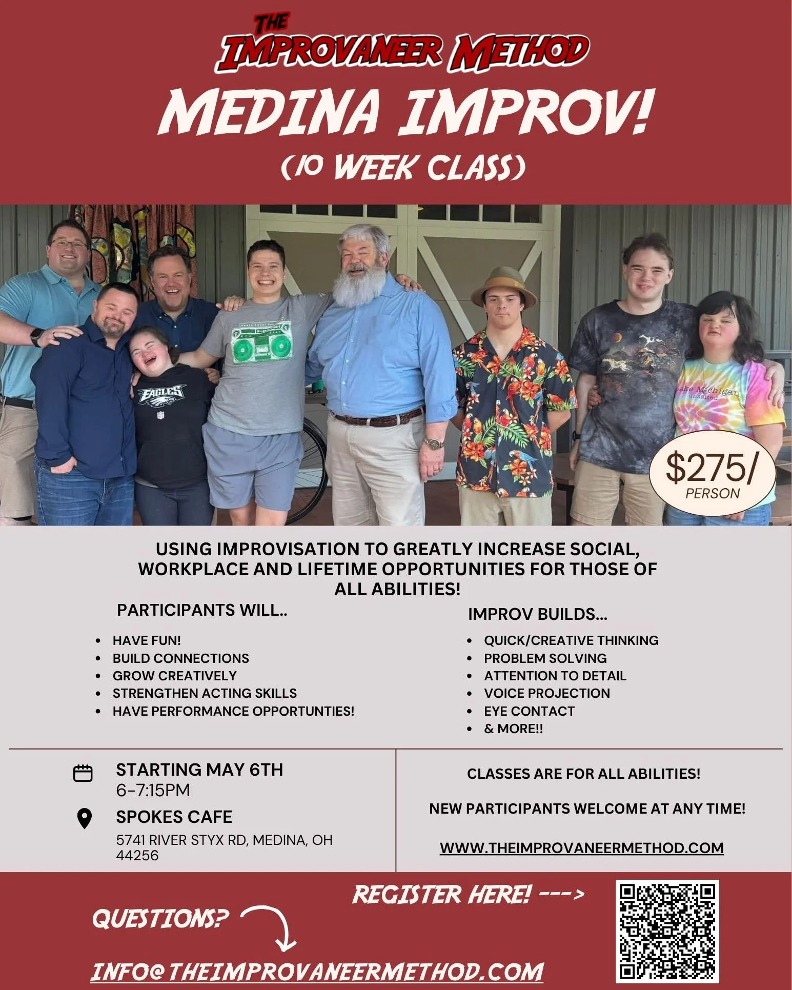 Medina, OH Summer Improv Classes Are HERE! 

Registration Link In Bio! 

Where: Spokes Cafe II on River Styx 

Session Dates: 
May: 6th, 13th, 20th, 27th
June: 3rd, 10th, 17th, 24th 
July:  1st, 8th 

This session would include 10 classes, with one c