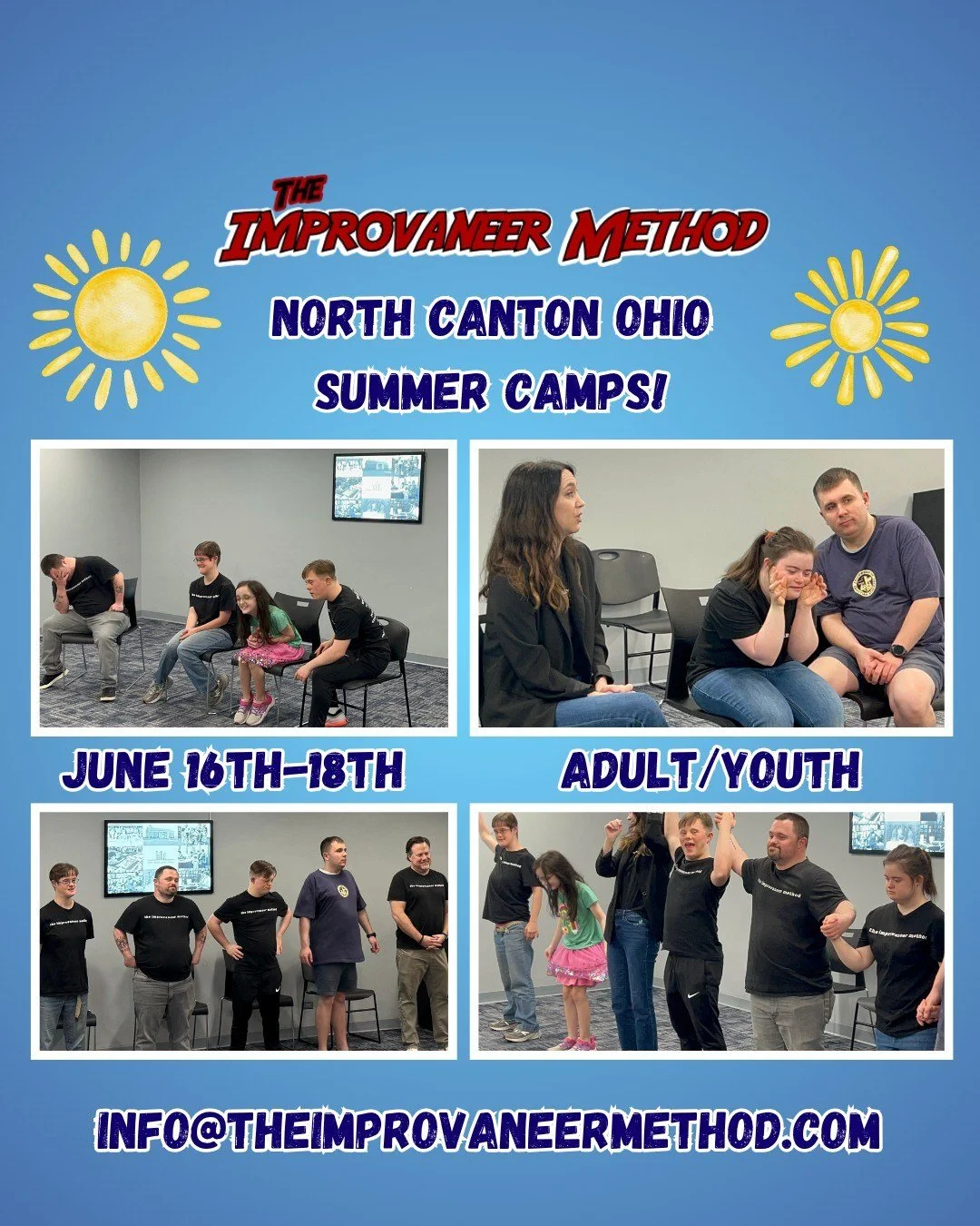North Canton Improvisation Camps Coming In June!! ☀️

Join us for an engaging 3 days of improv programming designed for individuals of all abilities!
Each camp day lasts 2 hours, with a 30 minute showcase on the final day of camp. The program structu