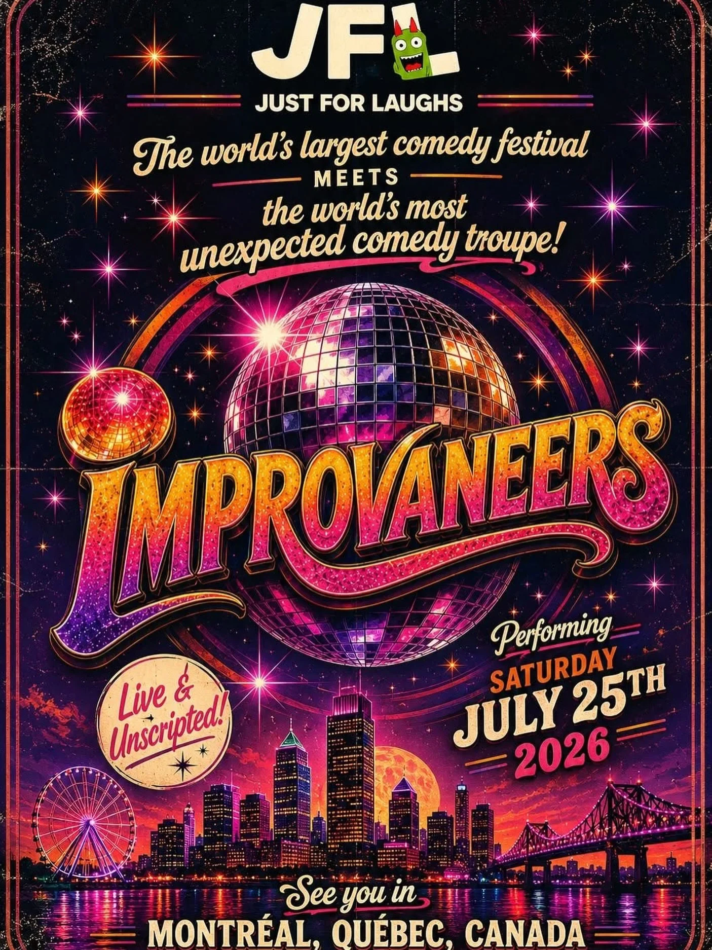 Another insane achievement for our The Improvaneers!!! 

The Improvaneers have just been selected to perform at the Just For Laughs Comedy Festival in Montreal, Canada!  This is the largest and most selective comedy festival in the world!!! 

They&rs