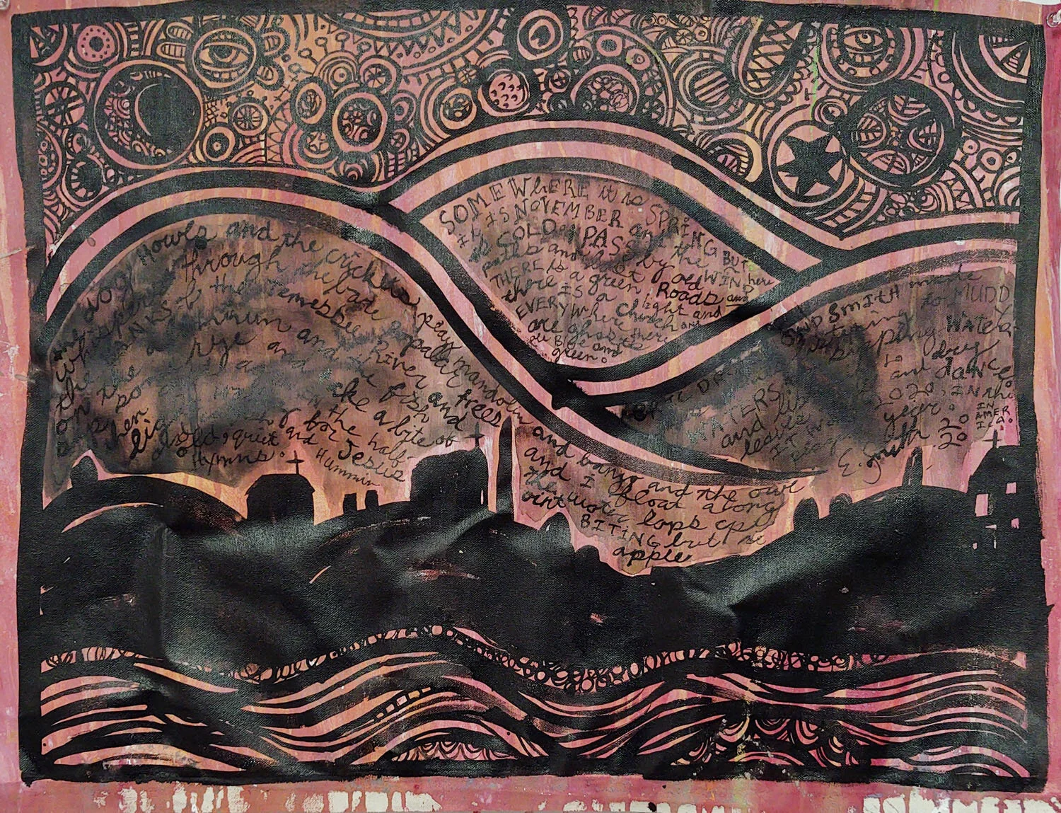 View from a Flatbottom Skiff on the Tennessee River at 3AM in November, 20" x 16" acrylic on unstretched canvas