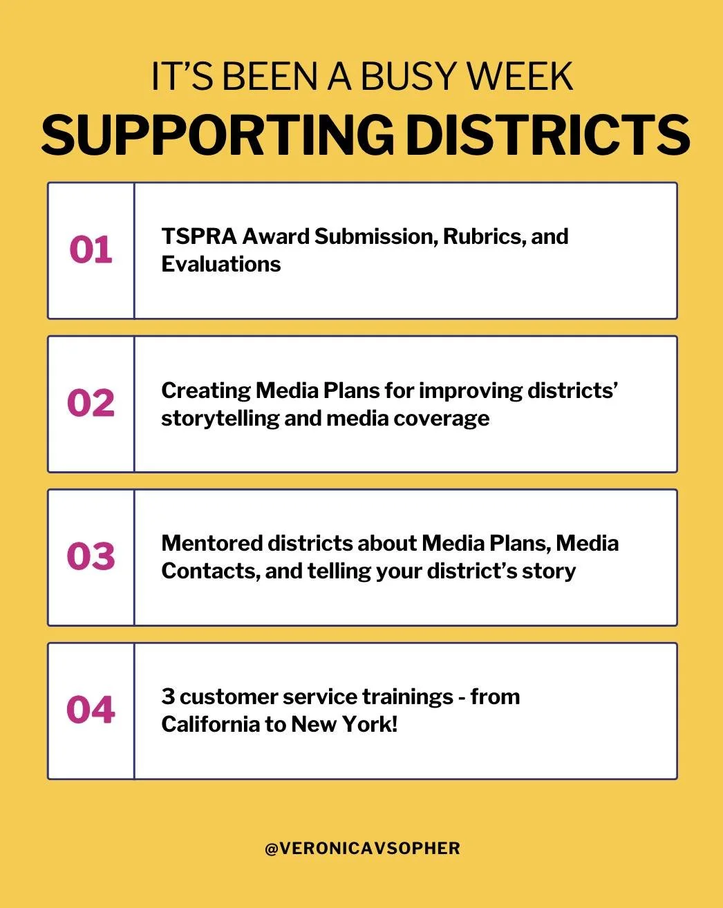 ✨ It&rsquo;s been a busy week supporting districts across the country &mdash; and I wouldn&rsquo;t have it any other way!

From guiding districts through TSPRA award submissions and building stronger media plans, to mentoring leaders on how to share 