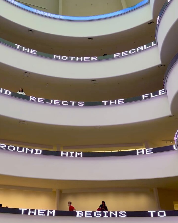 Frank Lloyd Wright is said to have designed The Guggenheim so showcasing art is difficult while the architecture is the star.  Jenny Holzer&rsquo;s installation turns the tables.