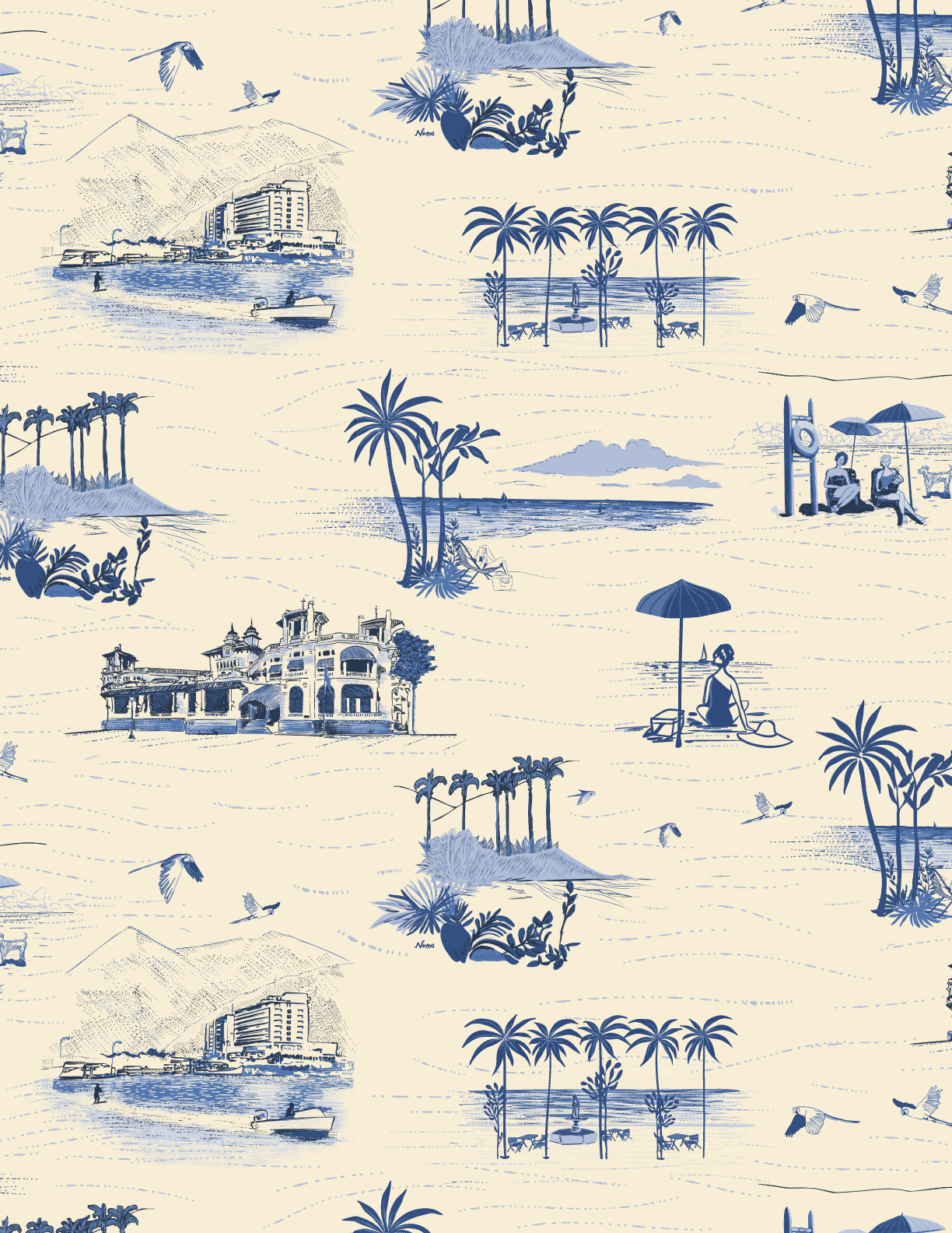 A pattern with various beach scenes in blue and white, including palm trees, people sitting under umbrellas, birds flying, boats, a building, mountains, and horizon views.