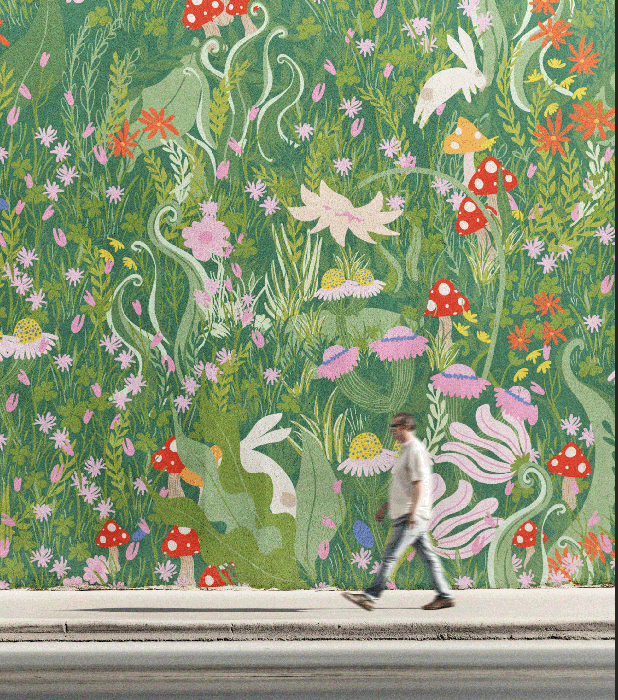 A person walking past a large colorful mural of a lush garden filled with various flowers, plants, mushrooms, and bunnies.