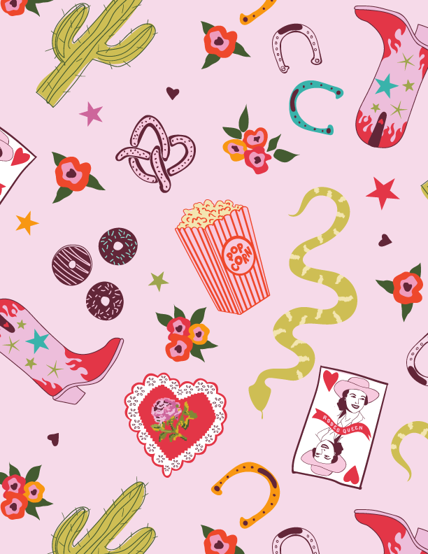 Pattern with cacti, donuts, popcorn, flowers, confetti, a playing card, a cowboy boot, snakes, and horseshoe shapes on a pink background.