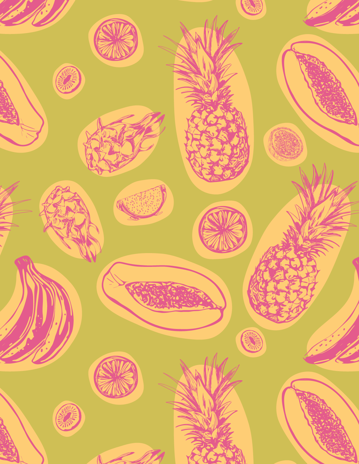 Pattern of sketched pineapples, bananas, papaya, oranges, and passionfruit on a yellow background.