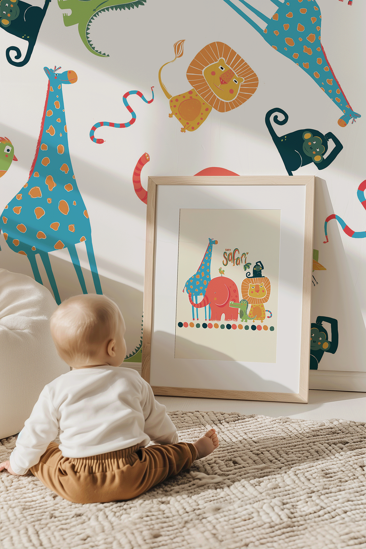 A baby sitting on a textured beige rug, looking at a framed picture of cartoon safari animals including a giraffe, elephant, lion, and crocodile, with a wall decorated with colorful animal illustrations.