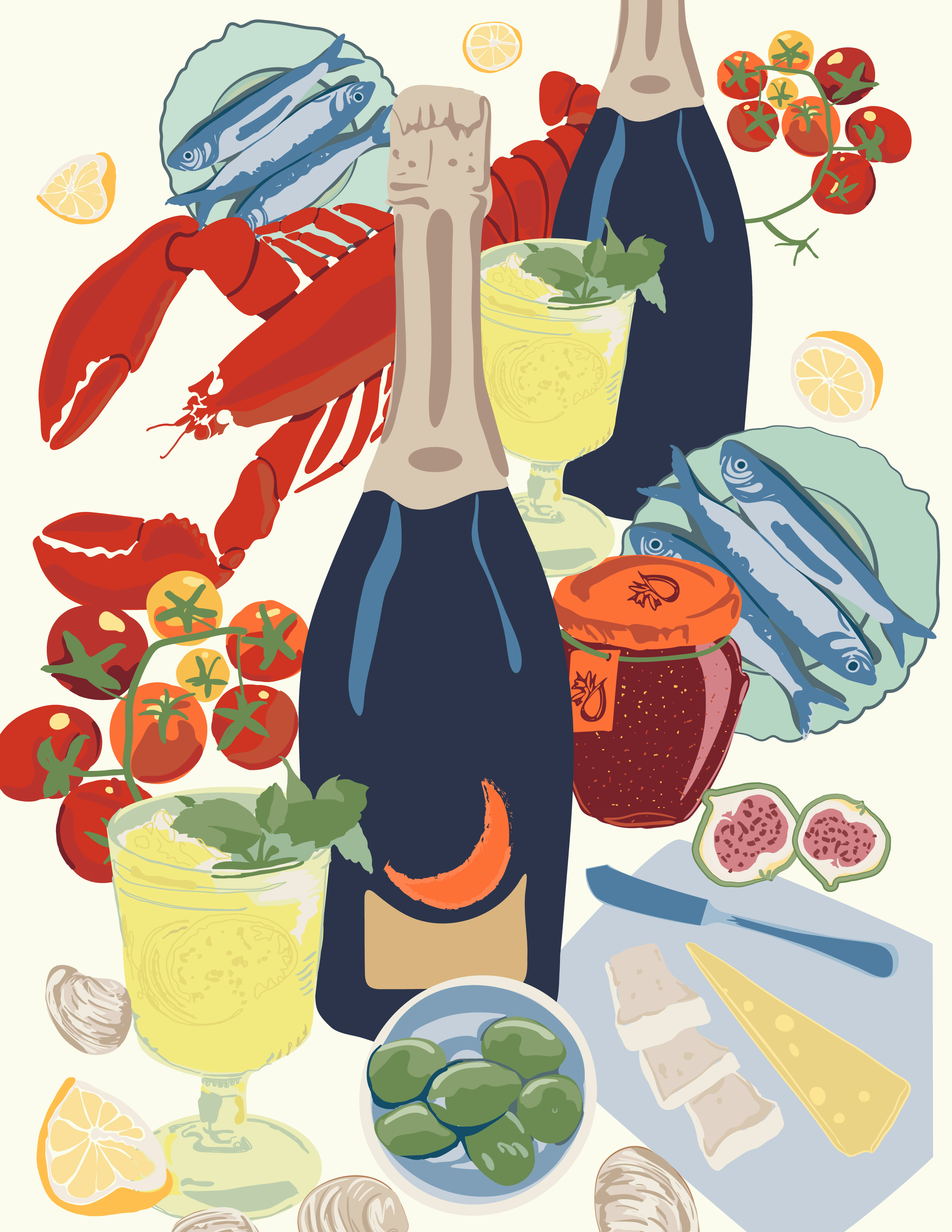 Illustration of a seafood meal with fish, lobster, cherry tomatoes, lemon slices, a jar of preserves, green olives, a bottle of wine, a glass of yellow cocktail with mint, and cheese.