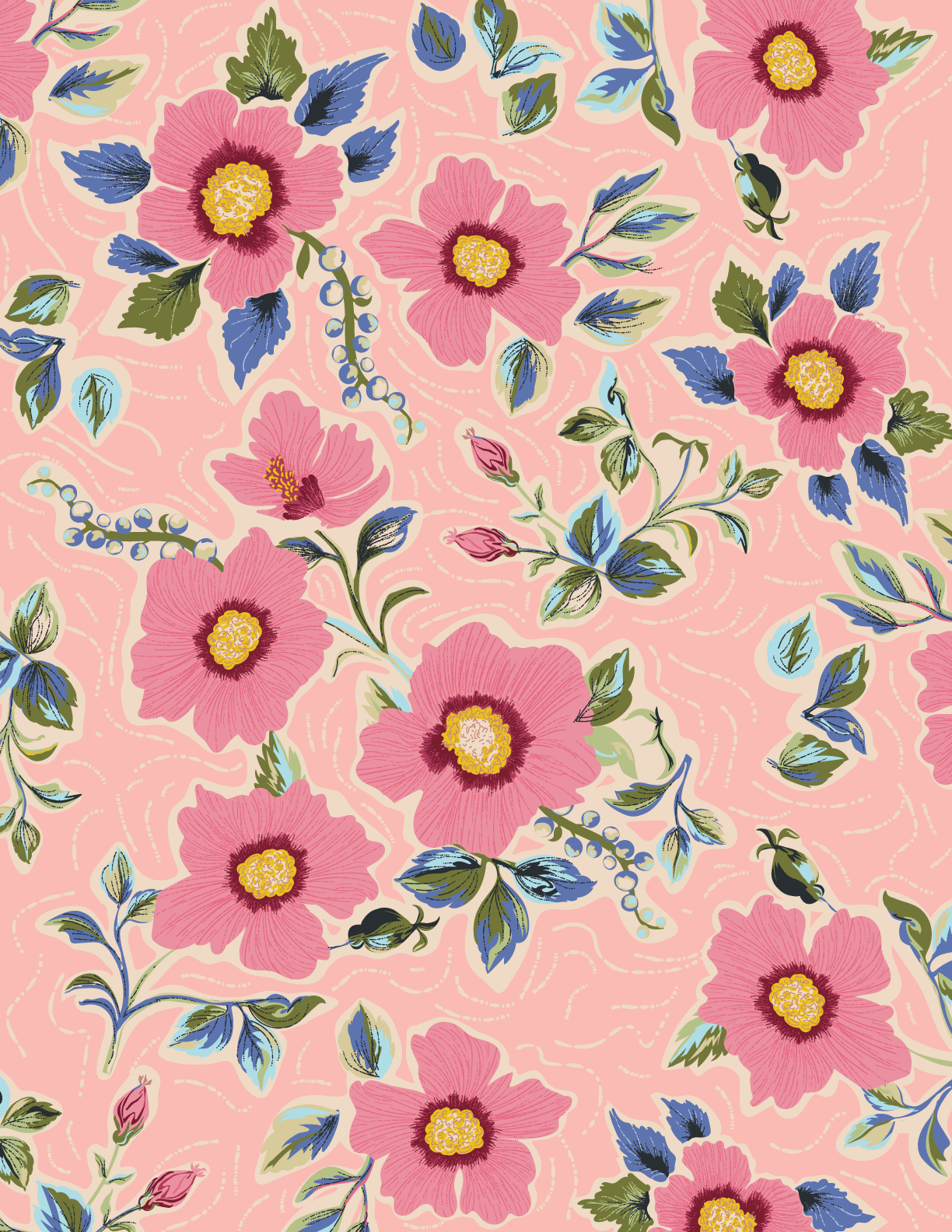 Pattern featuring pink flowers with yellow centers, green and blue leaves, and small blue berries on a peach background.