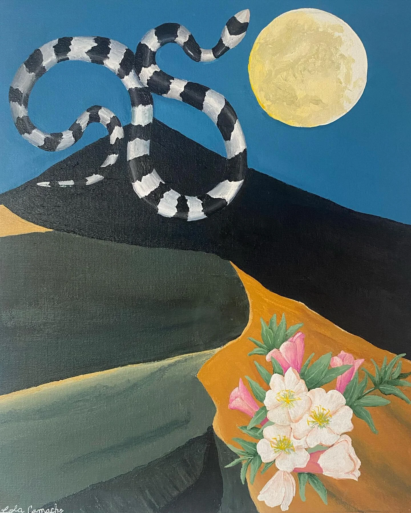 An Inner Outlook 🌕✨
28cm x 35cm acrylic on canvas
🌑🌘🌗🌖🌕🌔🌓🌒🌑
The illusion of sparsity and the reality of endurance found in the high desert of the Mojave is one of my most beloved experiences. Lately, I find myself returning here in my mind 