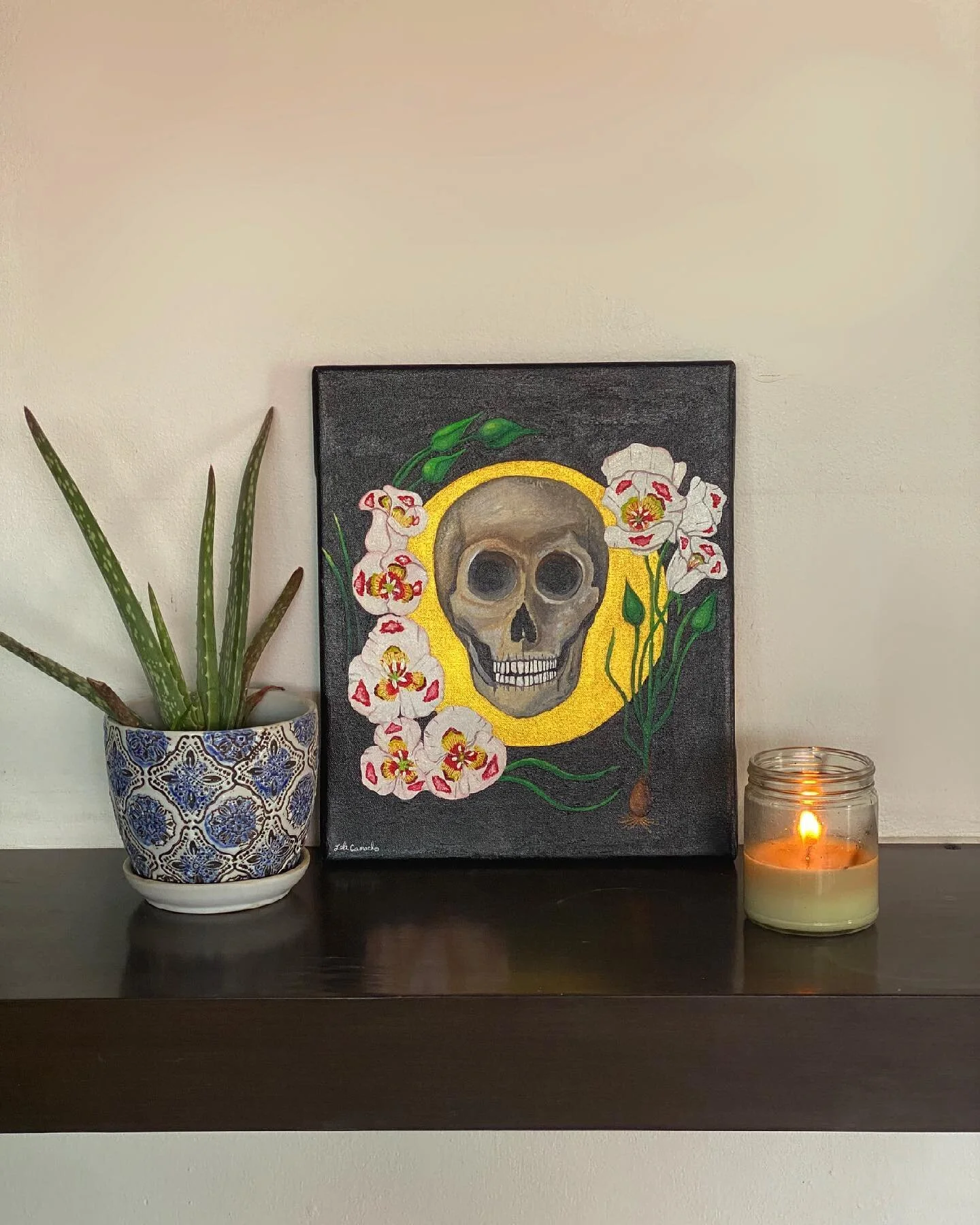 From somewhere with deep and quiet devotion, a self portrait. 💀💛🖤 #ancestors #santamuerte #selfportrait #calochortus #mariposalily