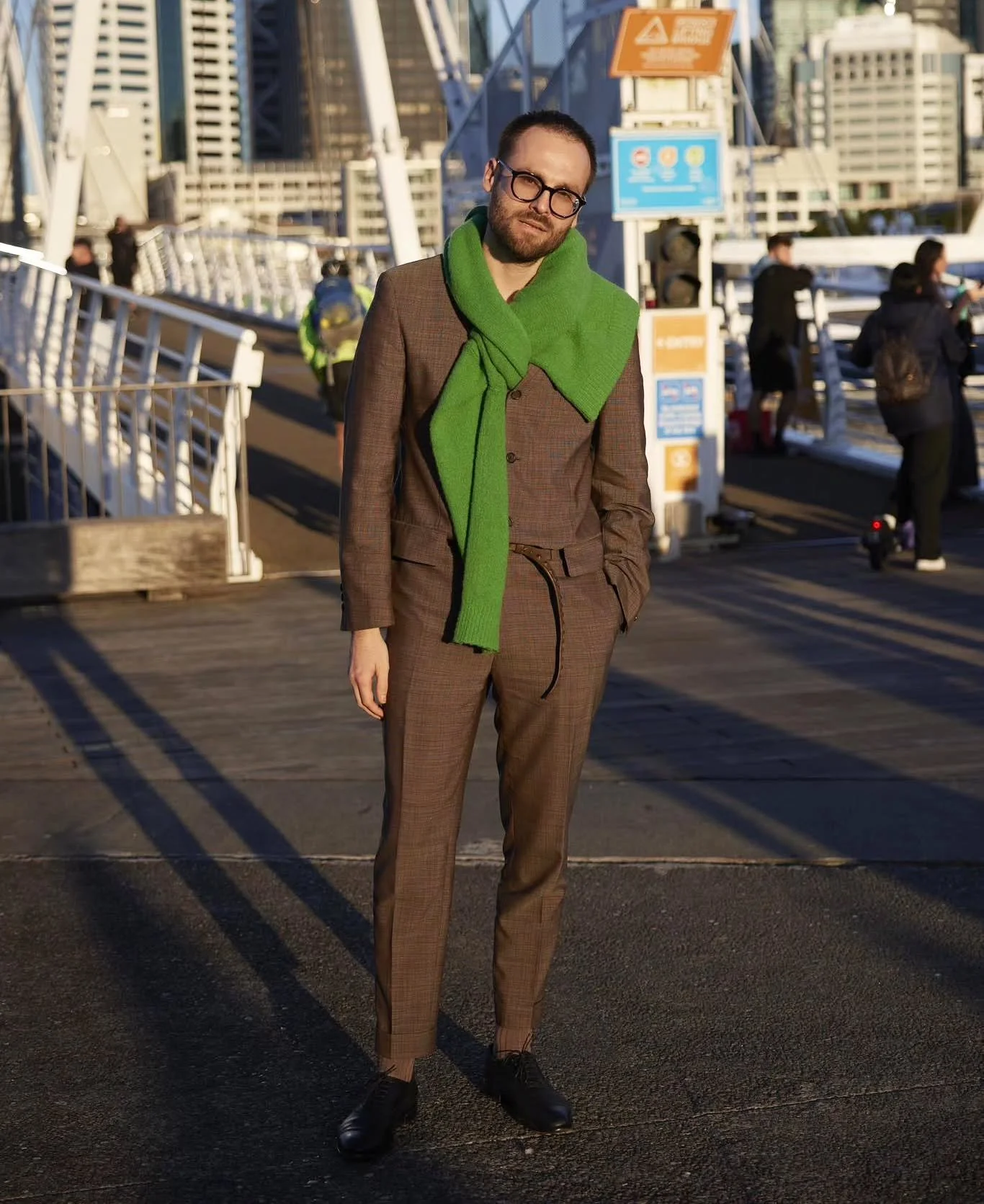 I went to @nzfashionwk wearing my @oscarwyleenz new frames, my green sweater as a scarf, my @driesvannoten vintage suit, bumped into my dear @annupam 📸, he took a shot and that was that.