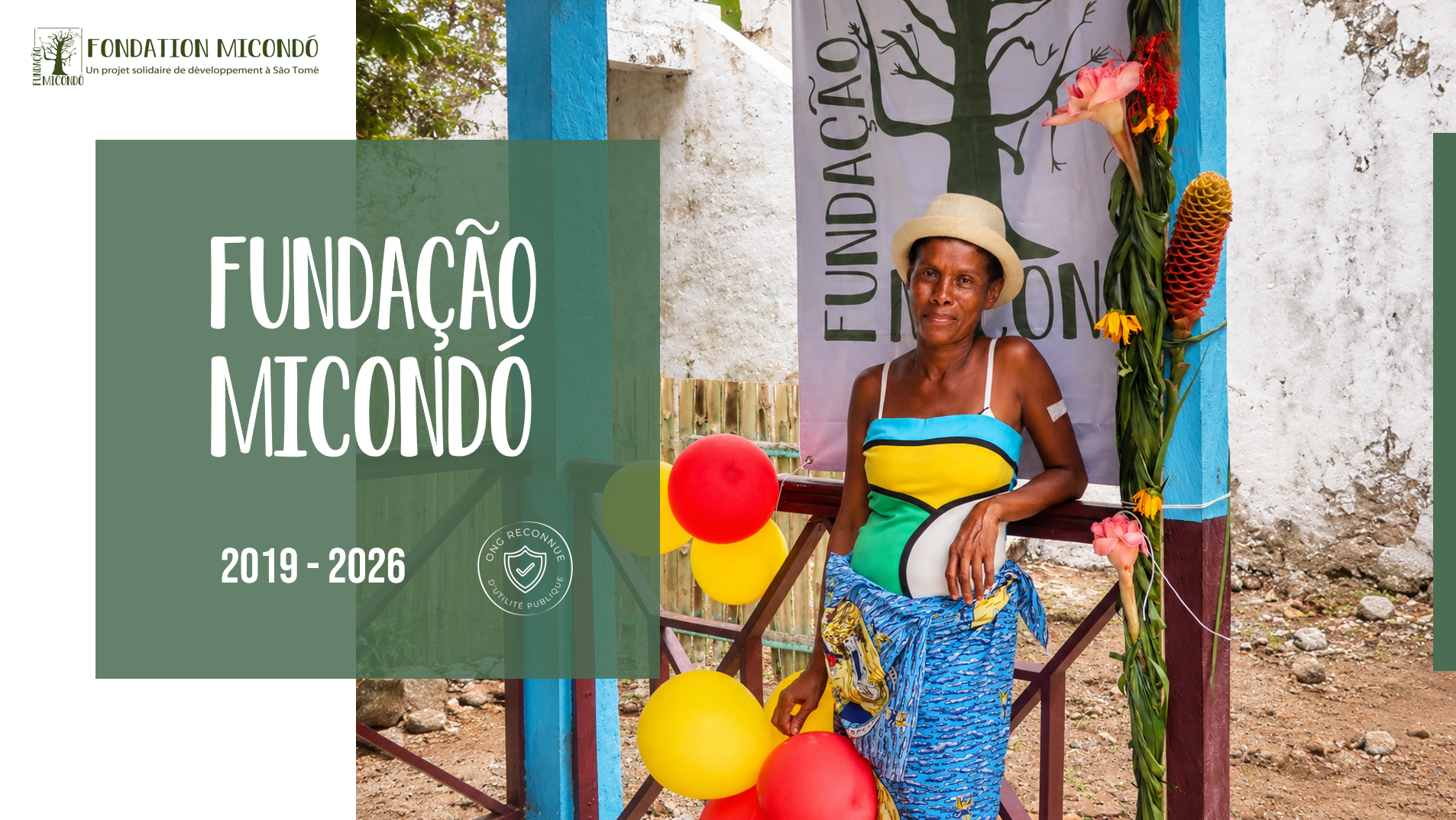 Enfants lisant à côté d'un mur turquoise, avec le texte « Fundação Micondó 2019-2025 ». Logo de la Fondation Micondó en haut à gauche.