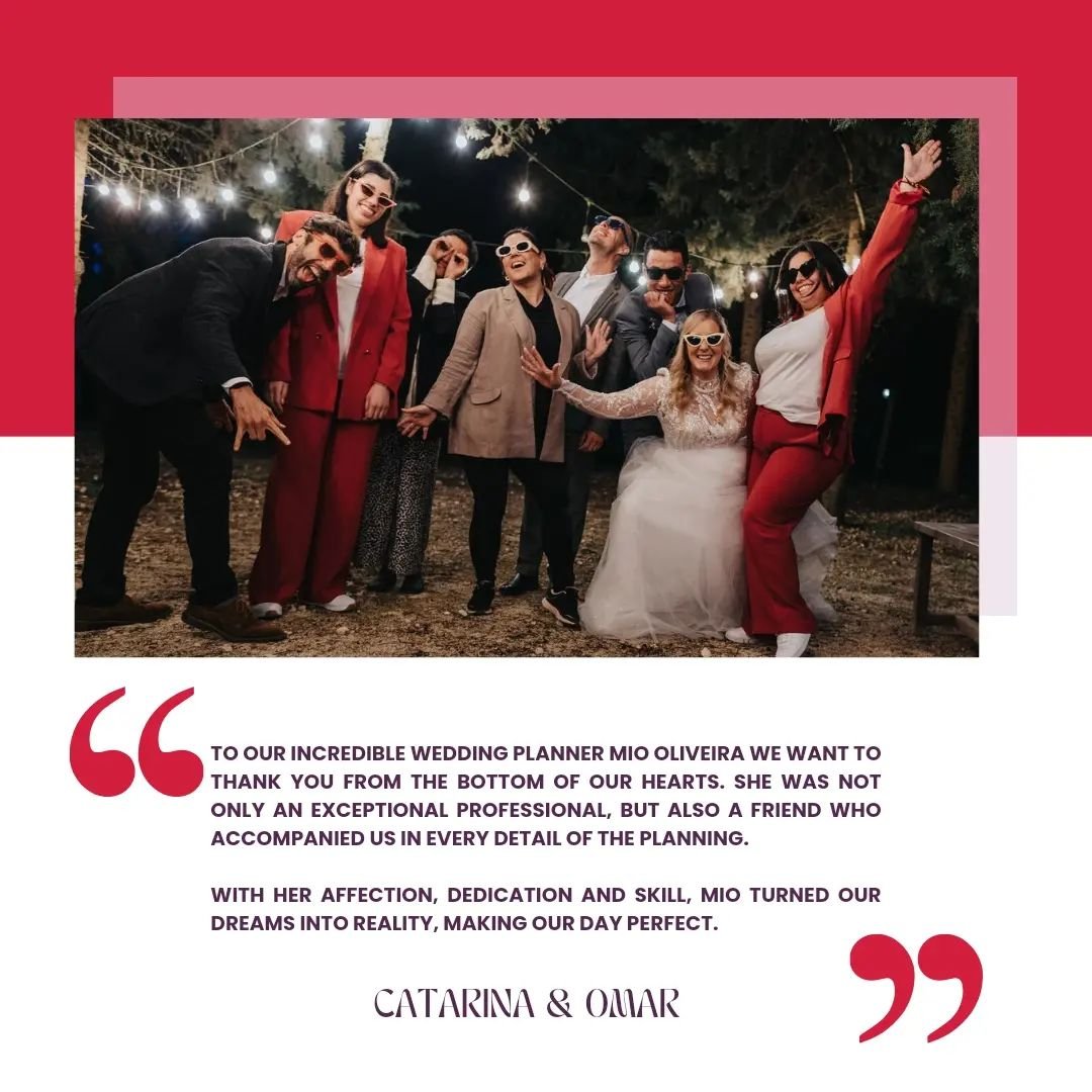&quot; To our incredible Wedding Planner Mio Oliveira, we want to thank you from the bottom of our hearts. ⠀
⠀
She was not only an exceptional professional, but also a friend who accompanied us in every detail of the planning. ⠀
⠀
With her affection,