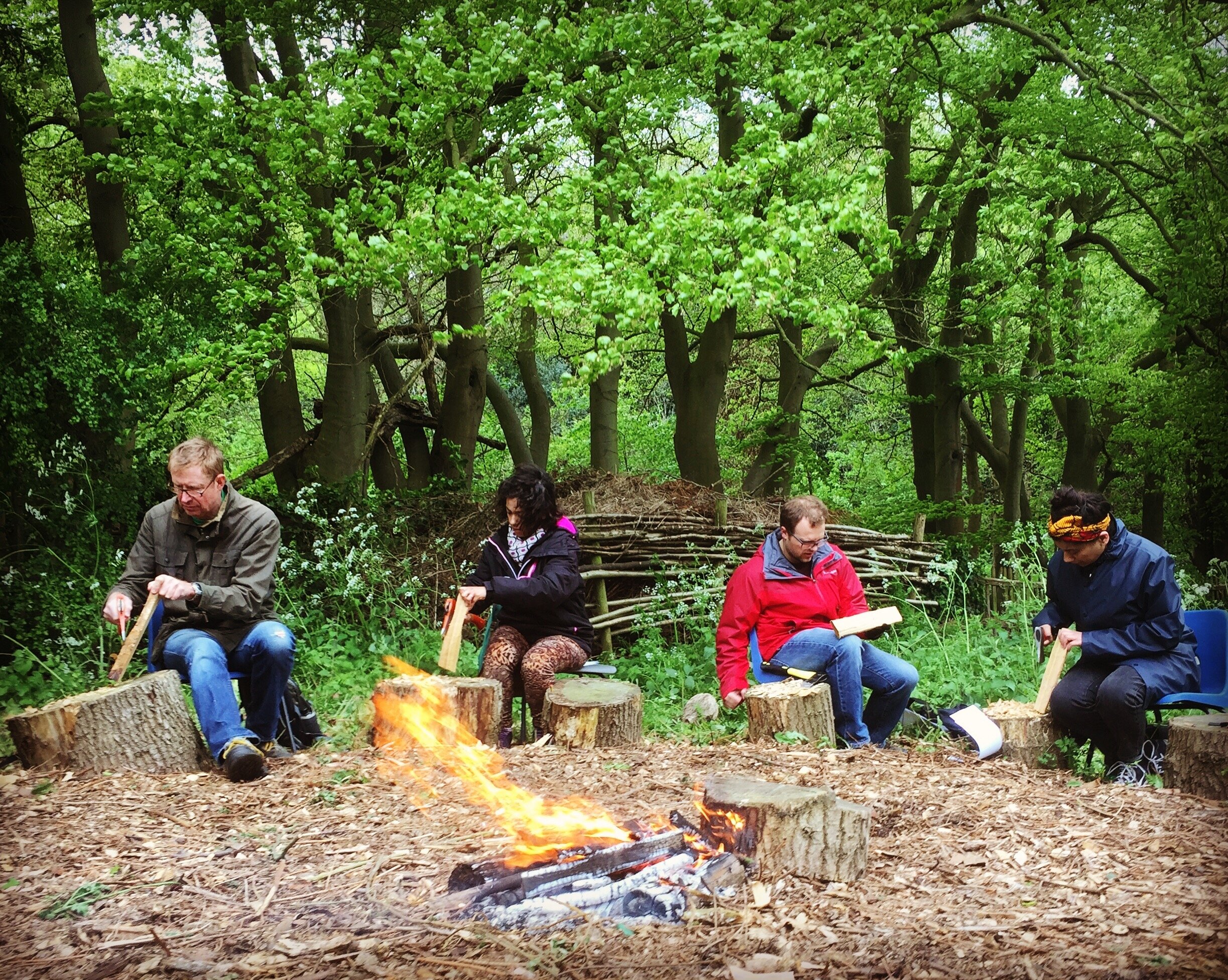 Woodworking session with campfire
