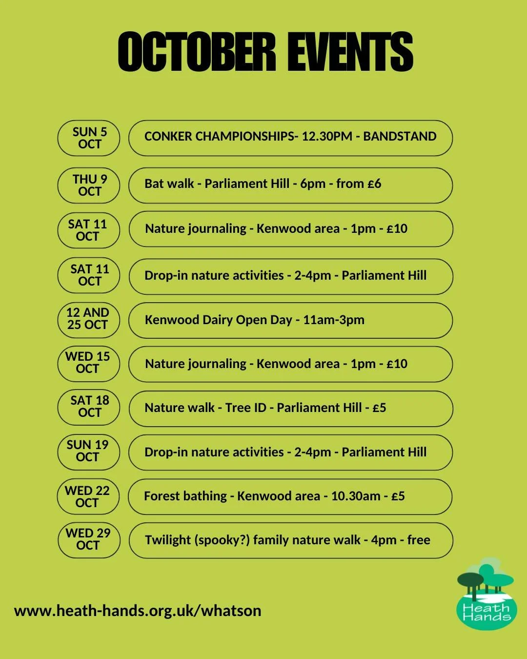 Check out our October events and drop-in volunteering opportunities on @colhampsteadheath  and at @kenwood_house_hampstead_heath - including our last bat walk of the year, a tree walk, a spooky half-term walk, and our popular nature journaling art wo
