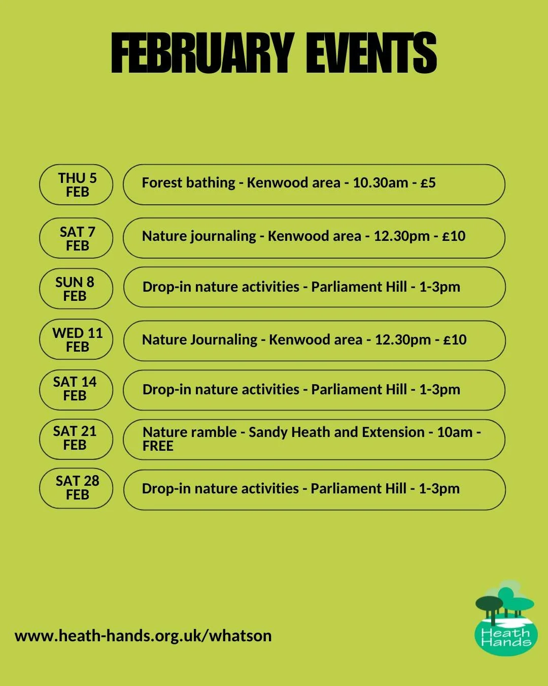 Our February programme of activities on Hampstead Heath and at Kenwood is live! Check it out (and book where relevant) on our website: https://www.heath-hands.org.uk/whatson (or link in bio).

#hampsteadheath #kenwoodhouse #heathhands #events #nature