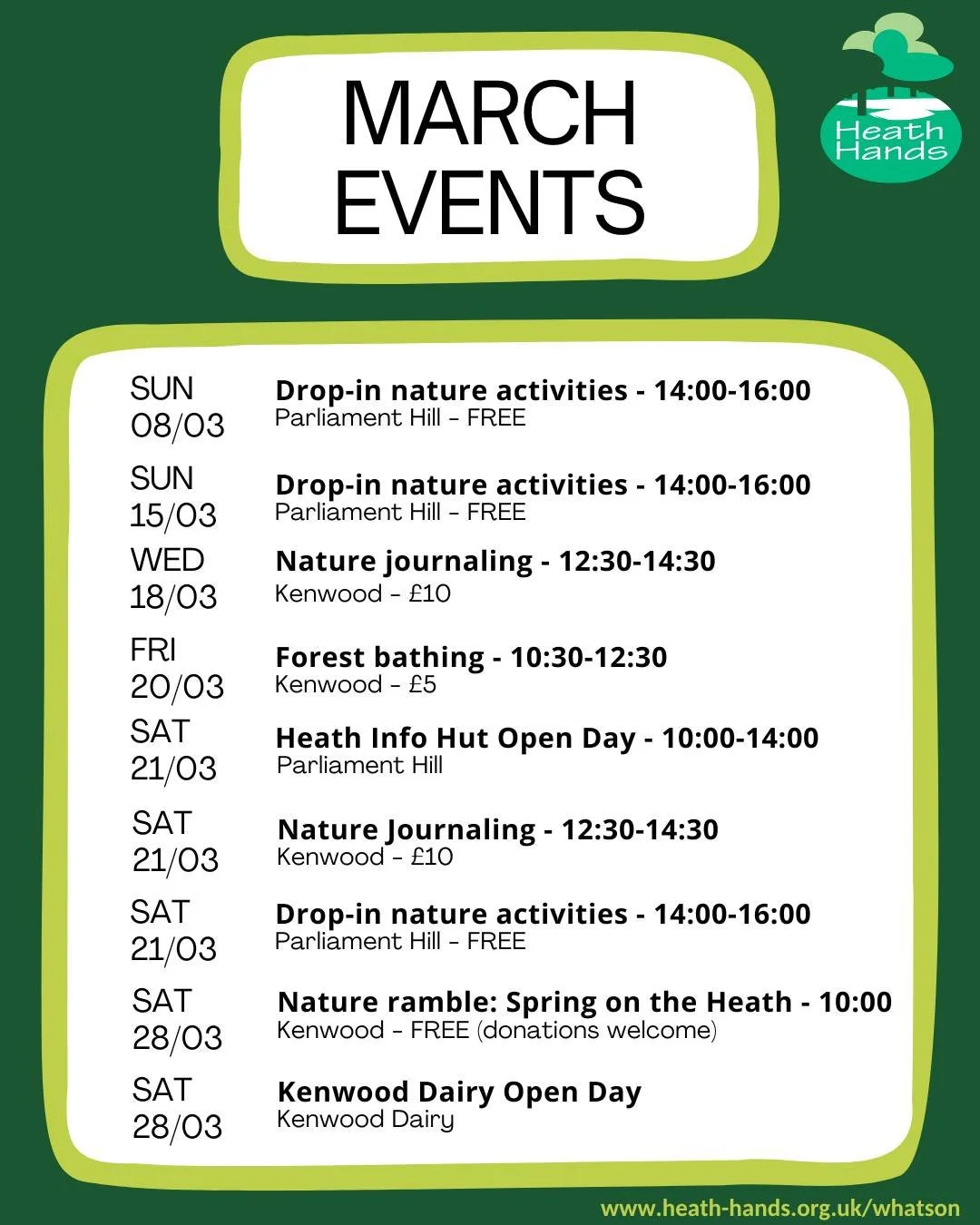 Our March programme of activities on Hampstead Heath and at Kenwood is live! Check it out (and book where relevant) on our website -  link in bio.
#hampsteadheath #kenwoodhouse #heathhands #events #natureactivities