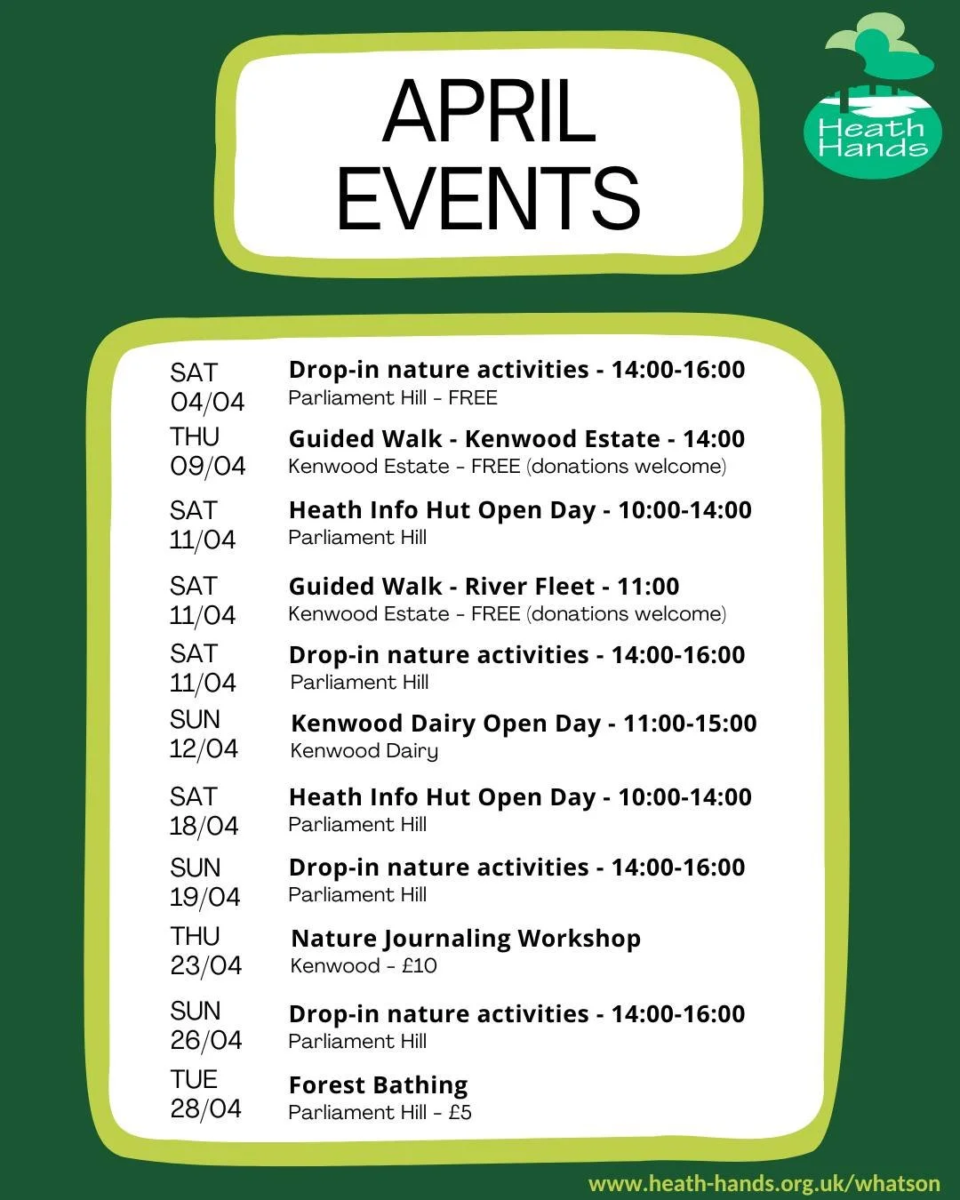 Our April programme of activities on Hampstead Heath and at Kenwood is live! Check it out: https://www.heath-hands.org.uk/whatson (or link in bio).
#hampsteadheath #kenwoodhouse #heathhands #events #natureactivities