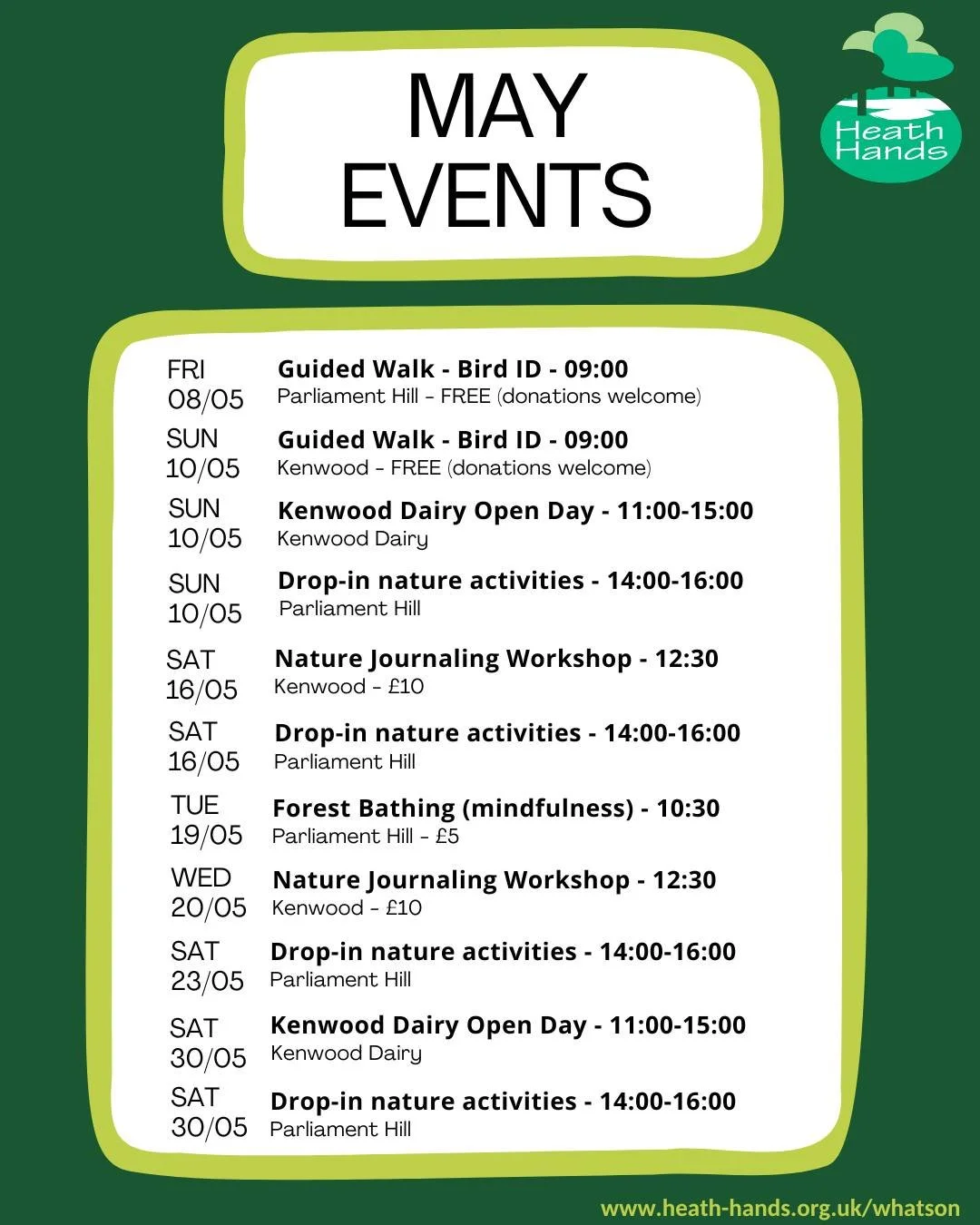 Our May programme of activities on Hampstead Heath and at Kenwood is live! Check it out: https://www.heath-hands.org.uk/whatson (or link in bio).
#hampsteadheath #kenwoodhouse #heathhands #events #natureactivities