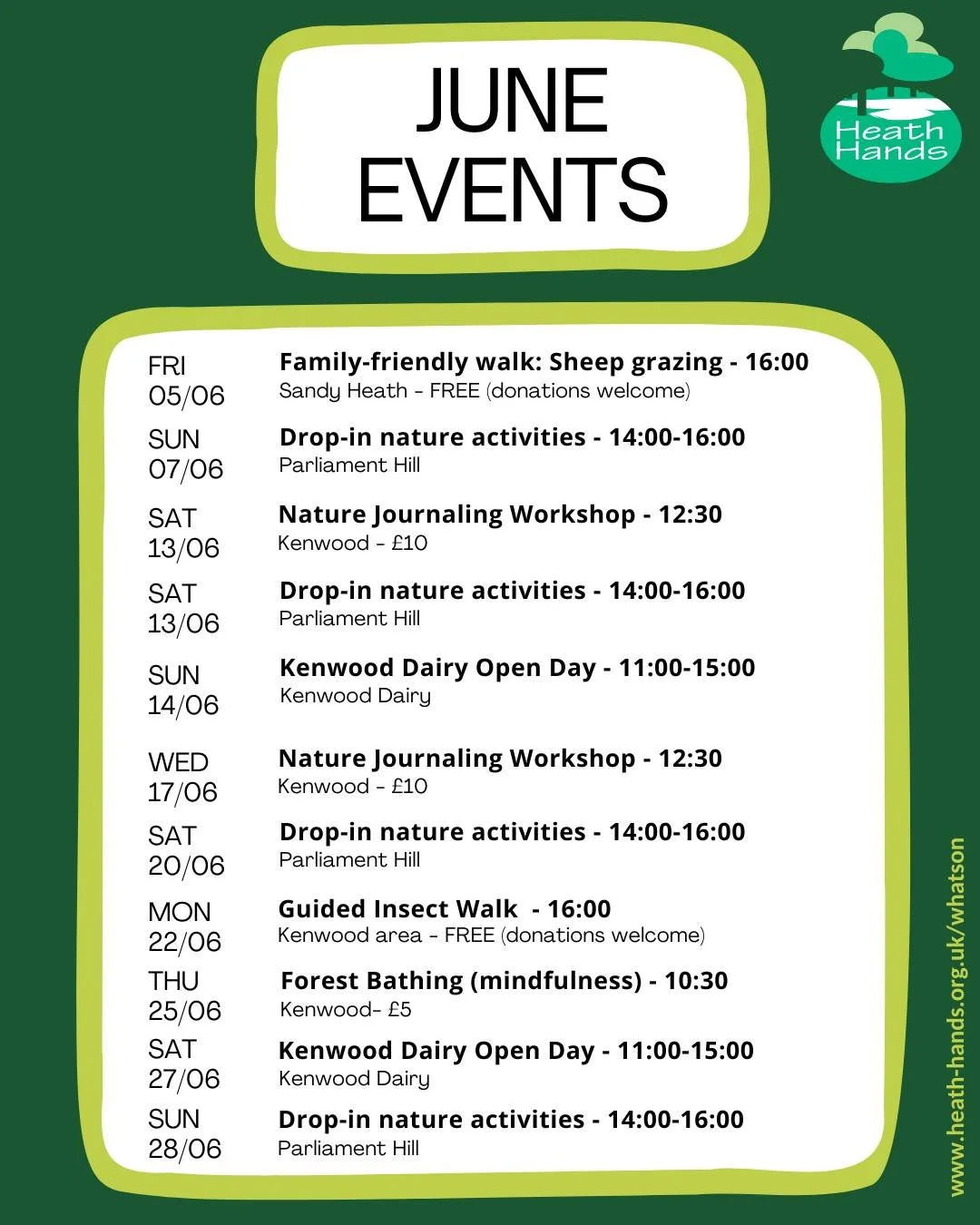 Our June programme of activities on Hampstead Heath and at Kenwood is live! Check it out: https://www.heath-hands.org.uk/whatson (or link in bio).
#hampsteadheath #kenwoodhouse #heathhands #events #natureactivities #familyfun