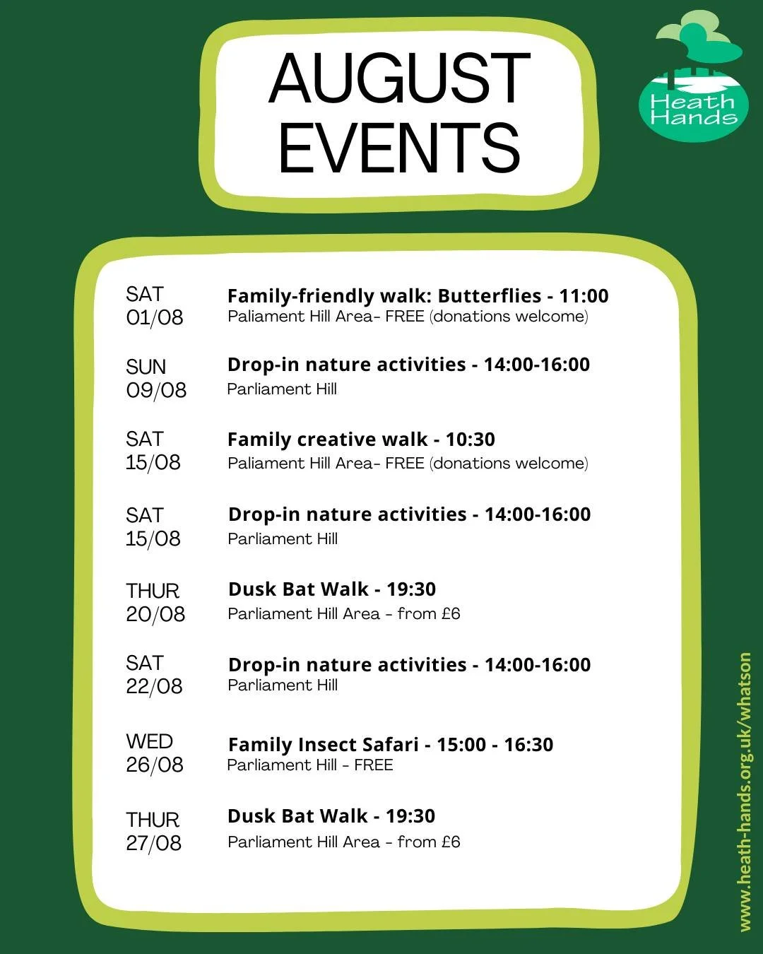 ☀ Happy first of the month! ☀  Our August programme of activity on Hampstead Heath and at Kenwood is live! Find out more on our What's On page - link in bio
#hampsteadheath #familyactivities #naturewalks #summerholidays