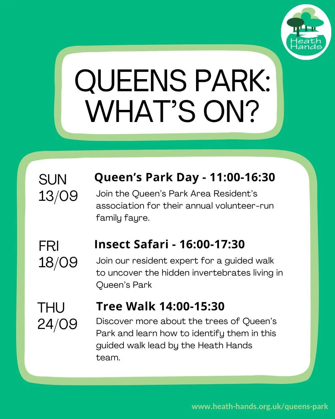 What's on in Queen's Park we hear you ask? Well here's the answer! We've got guided walks and a fun-filled fayre appearance over the next month during the buildup to our new practical volunteering sessions started. Come along to learn more about the 