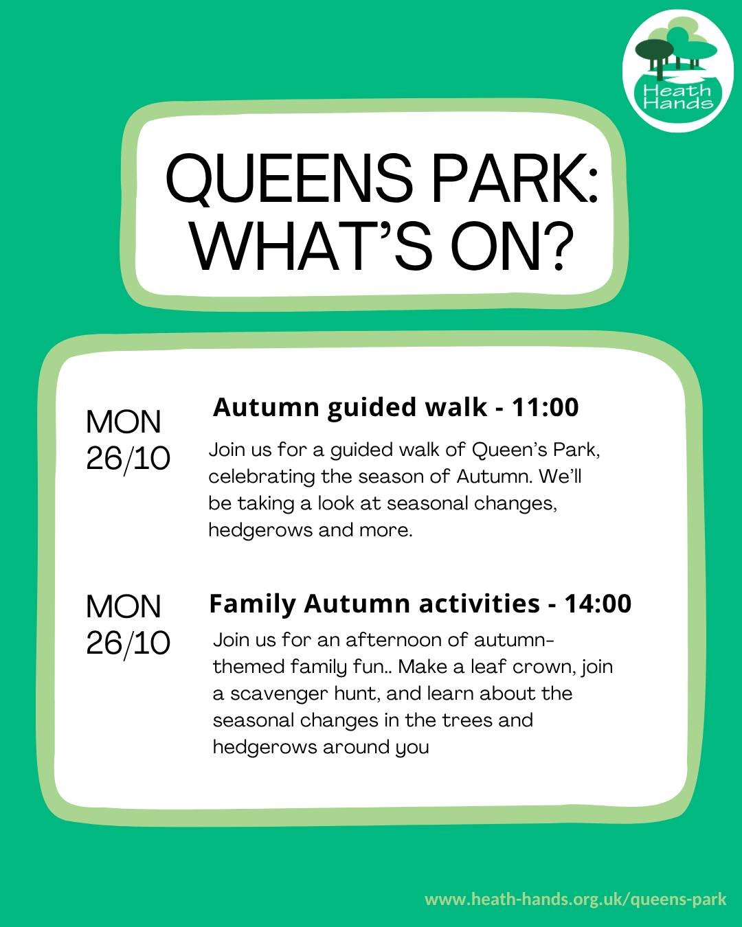 The 26th October is very much the day to be in Queens Park! Will you join us in the morning for our Autumn walk, or in the afternoon for our family-friendly nature activities? Maybe you'll do both? Either way, we hope to see you there 👋

Find out mo