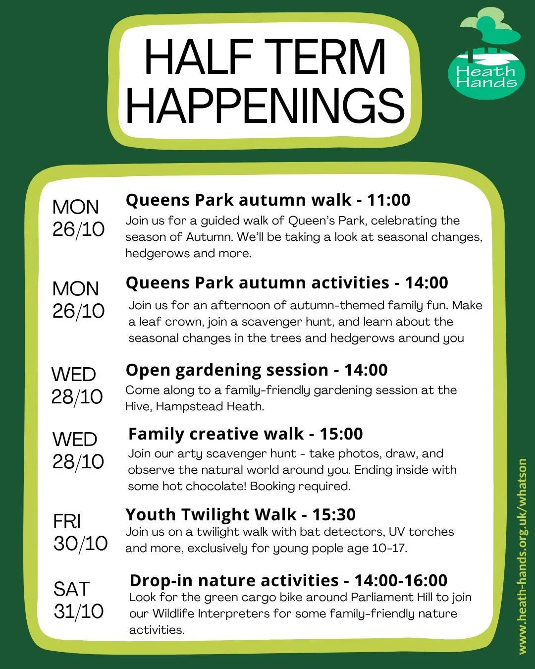 With half-term fast approaching we thought we'd share a breakdown of all the activities we've got on. From autumn walks to scavenger hunts and bat detecting, there's something for everyone! 

Check out our What's On page for more details, and to book