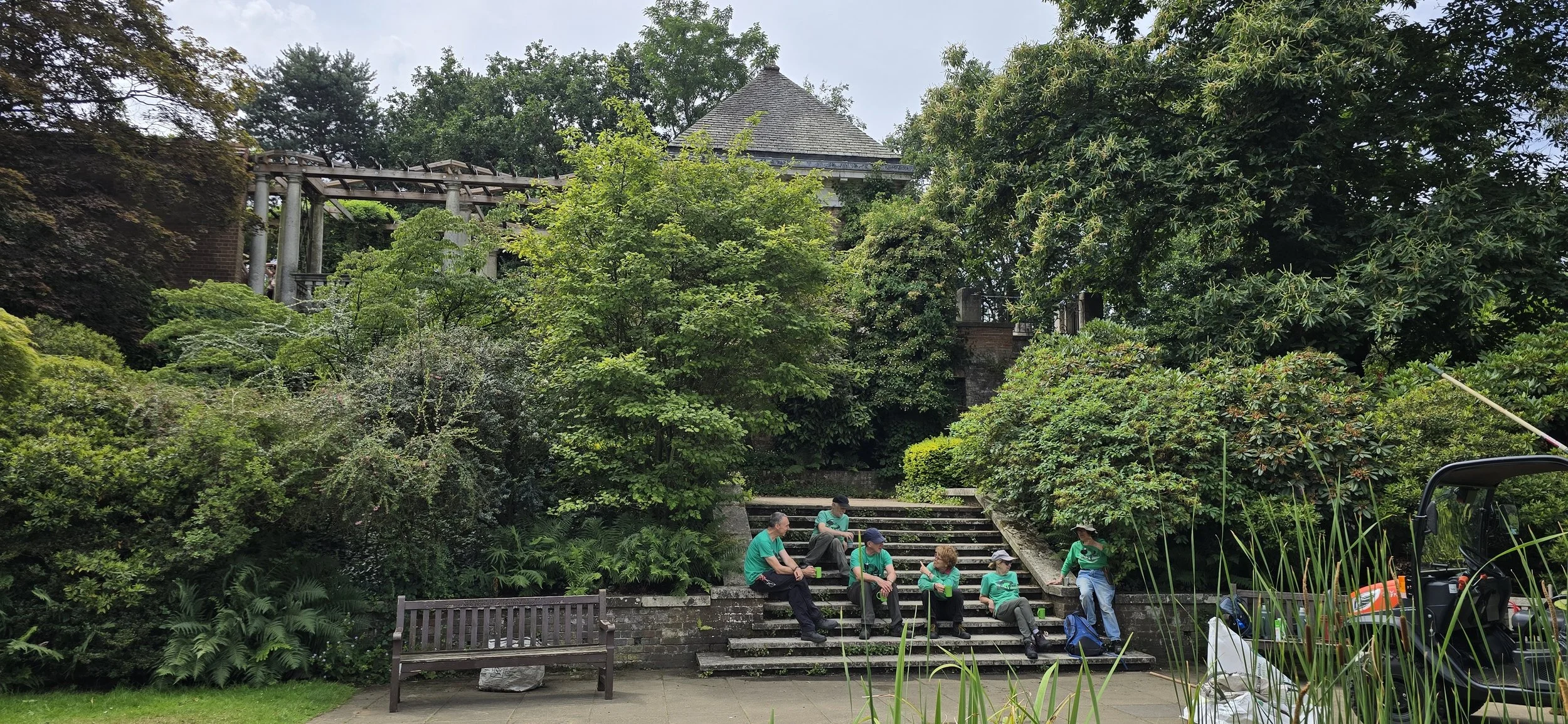Volunteers chatting during a tea break at the Hill Garden