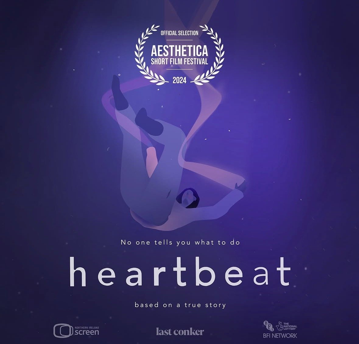 Digital poster for 'Heartbeat' at the AESTHETICA Short Film Festival 2024, featuring an abstract illustration from the film, with titles from production companies at the bottom, and the tagline 'No one tells you what to do'. 