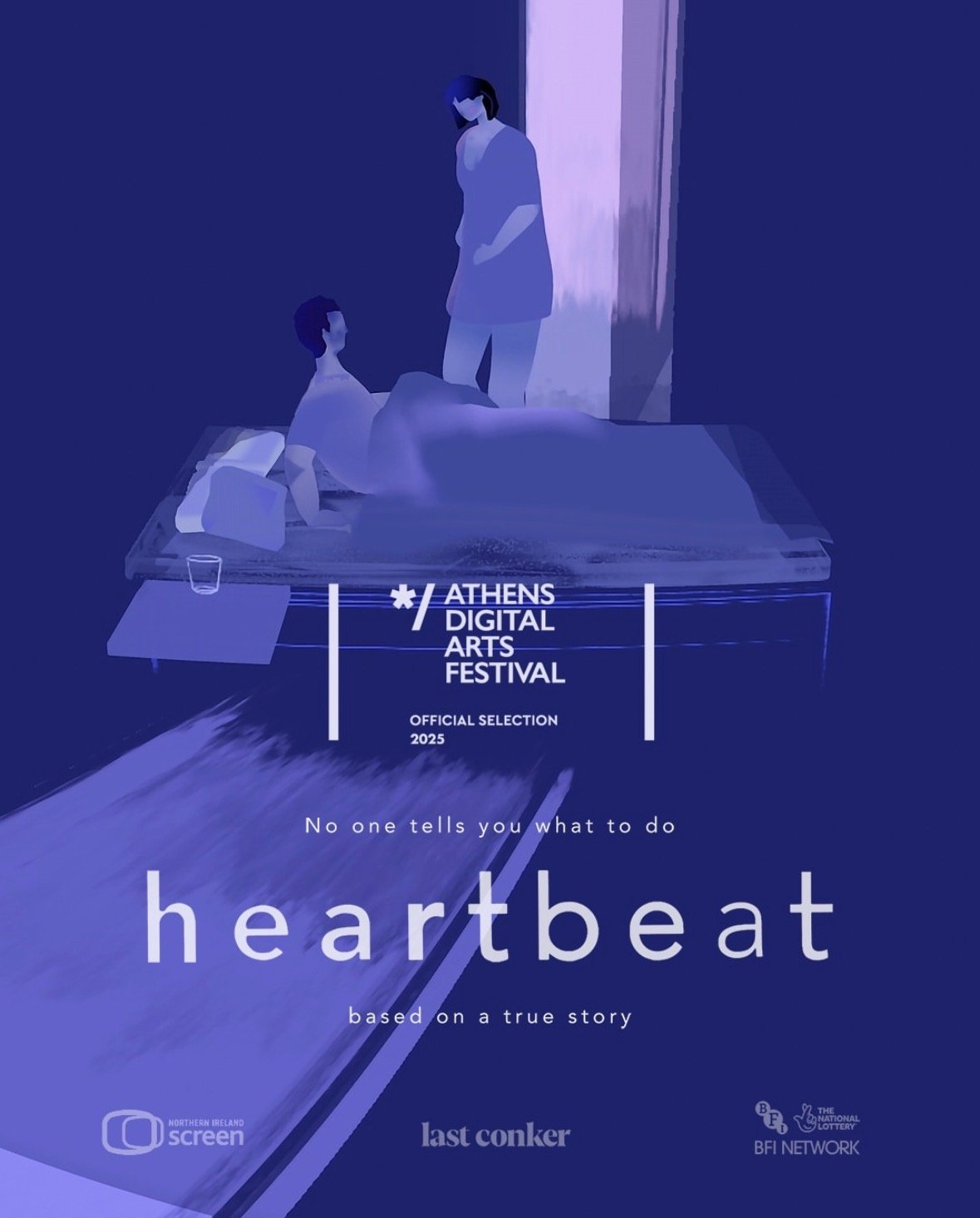 Digital art poster for Athens Digital Arts Festival 2025 featuring a woman in a dress and a person lying on a bed, with the word 'heartbeat' and the slogan 'No one tells you what to do'.