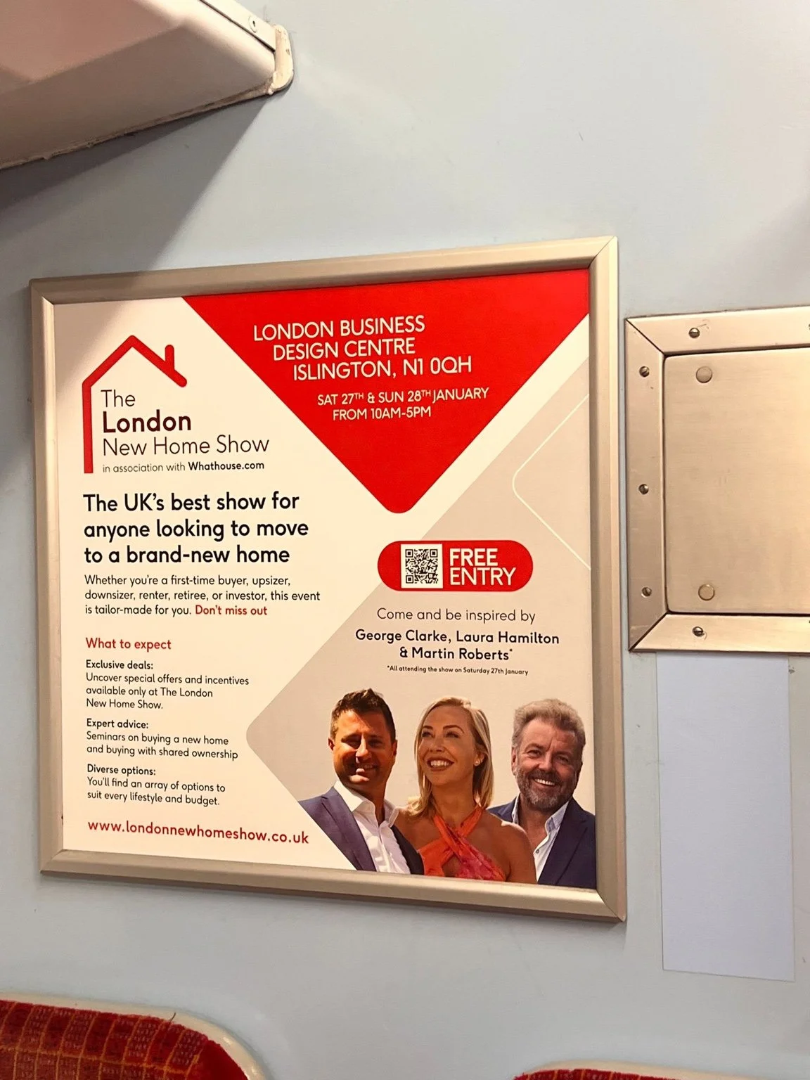 London New Home Show advertising displayed on public transport, featuring George Clarke, Laura Hamilton and Martin Roberts.