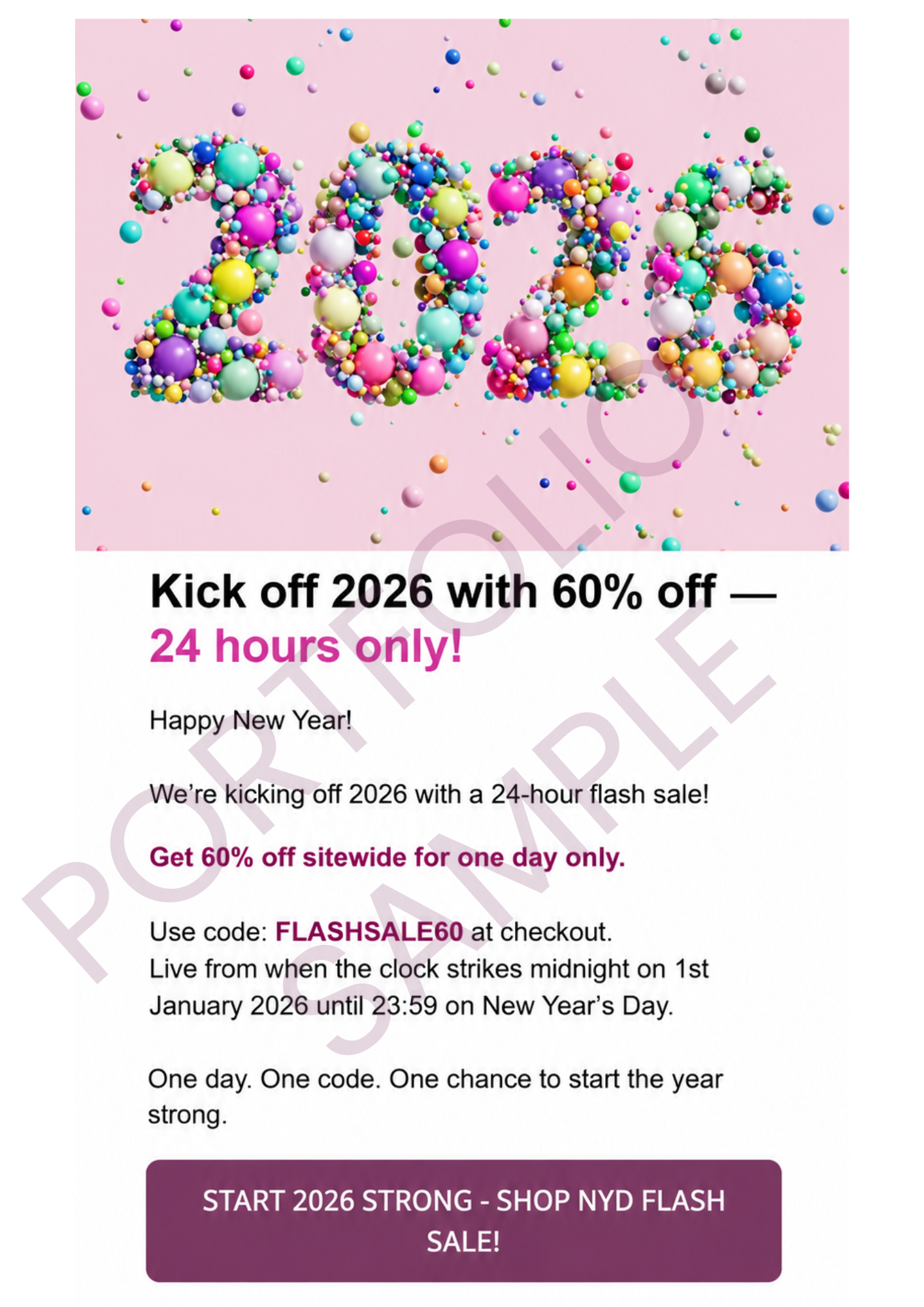 Watermarked Spirit Fitness Shopify email campaign promoting a New Year flash sale with 60% off.