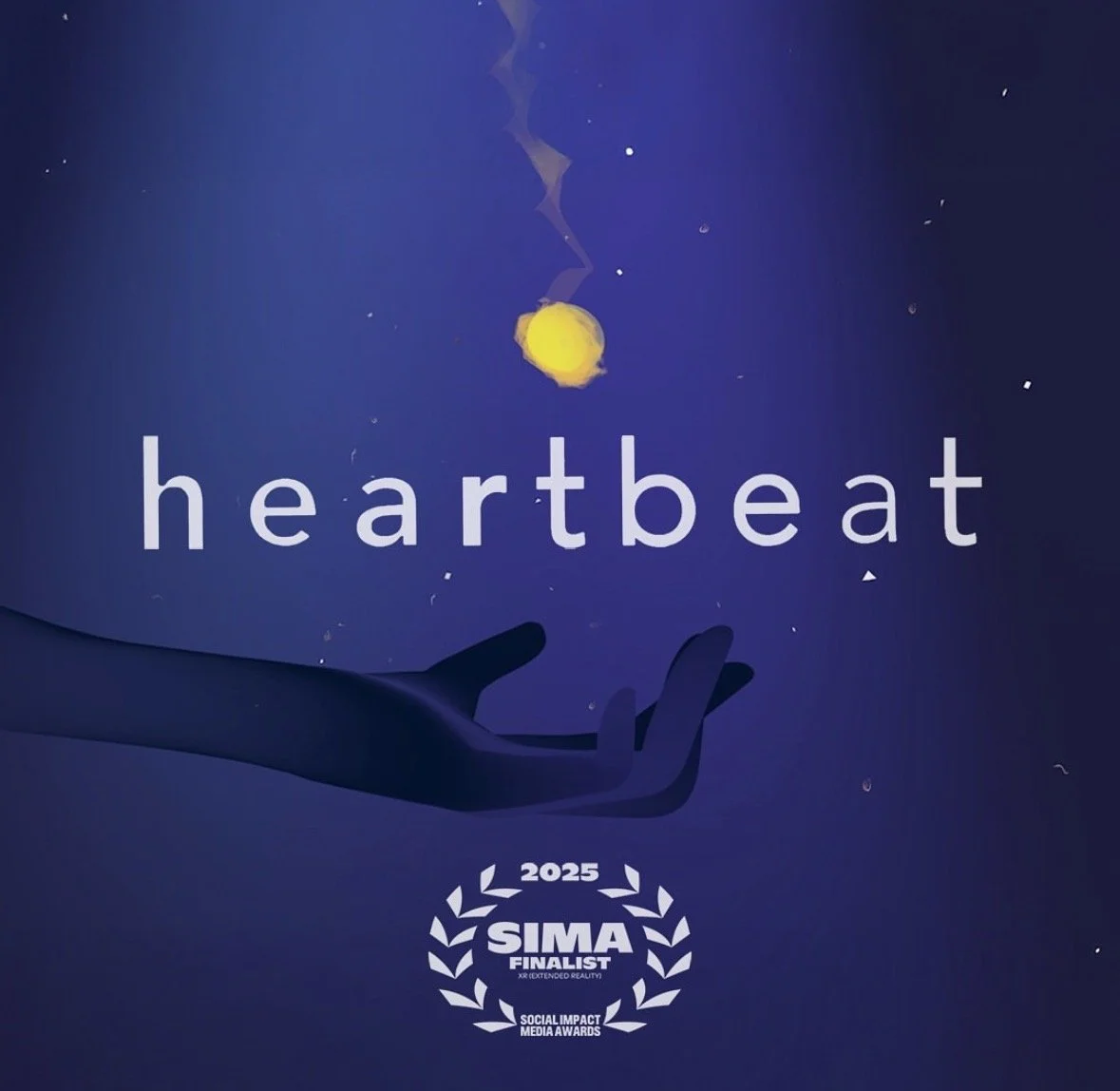 A dark blue background with a hand reaching upwards, holding a glowing yellow sphere emitting smoke or steam. The word 'heartbeat' is written in large white letters across the center. Below, there is a laurel wreath with the text '2025 SIMA FINALIST' and 'SOCIAL IMPACT MEDIA AWARDS' inside.