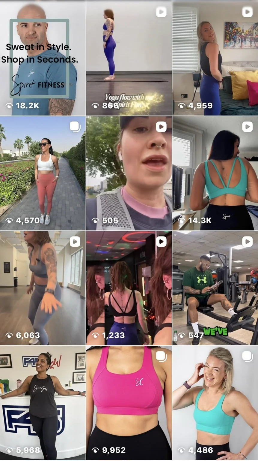 Spirit Fitness Instagram grid showing a mix of product, UGC, fitness and social content examples.