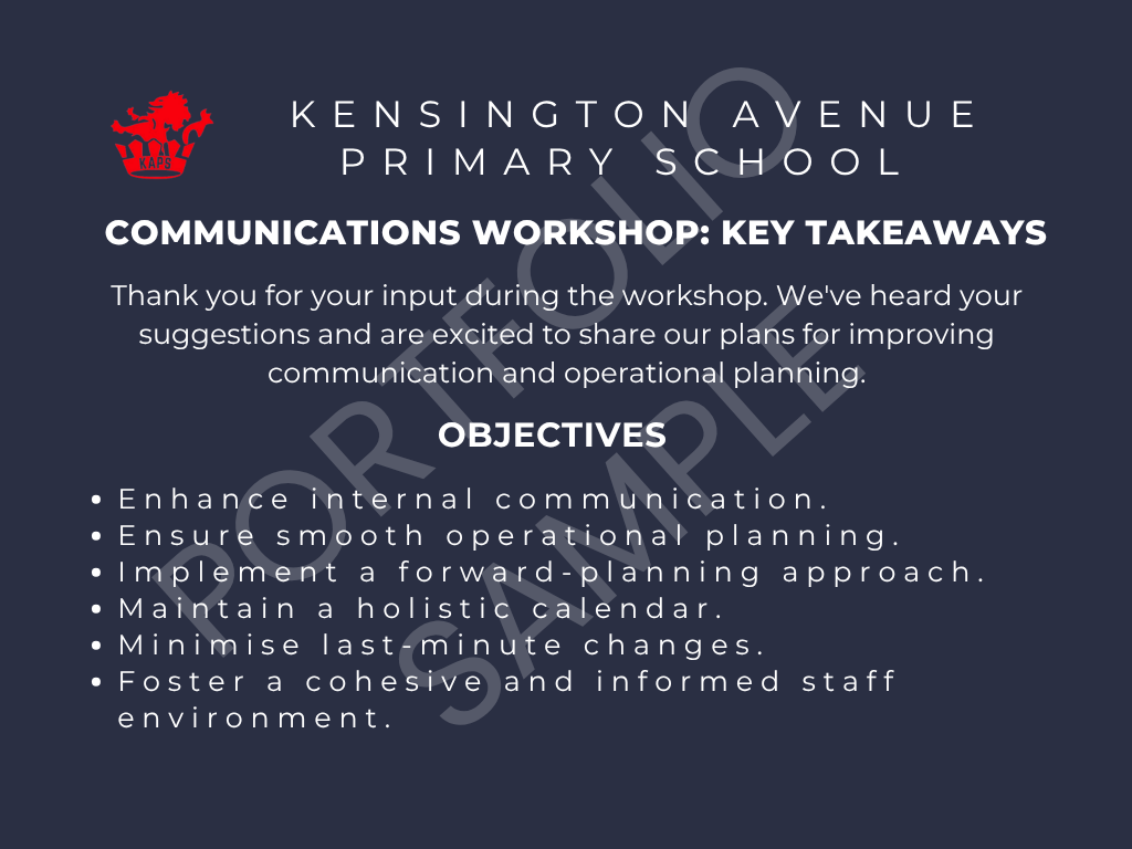 Watermarked Kensington Avenue Primary School communications workshop slide showing key takeaways and internal communications objectives.