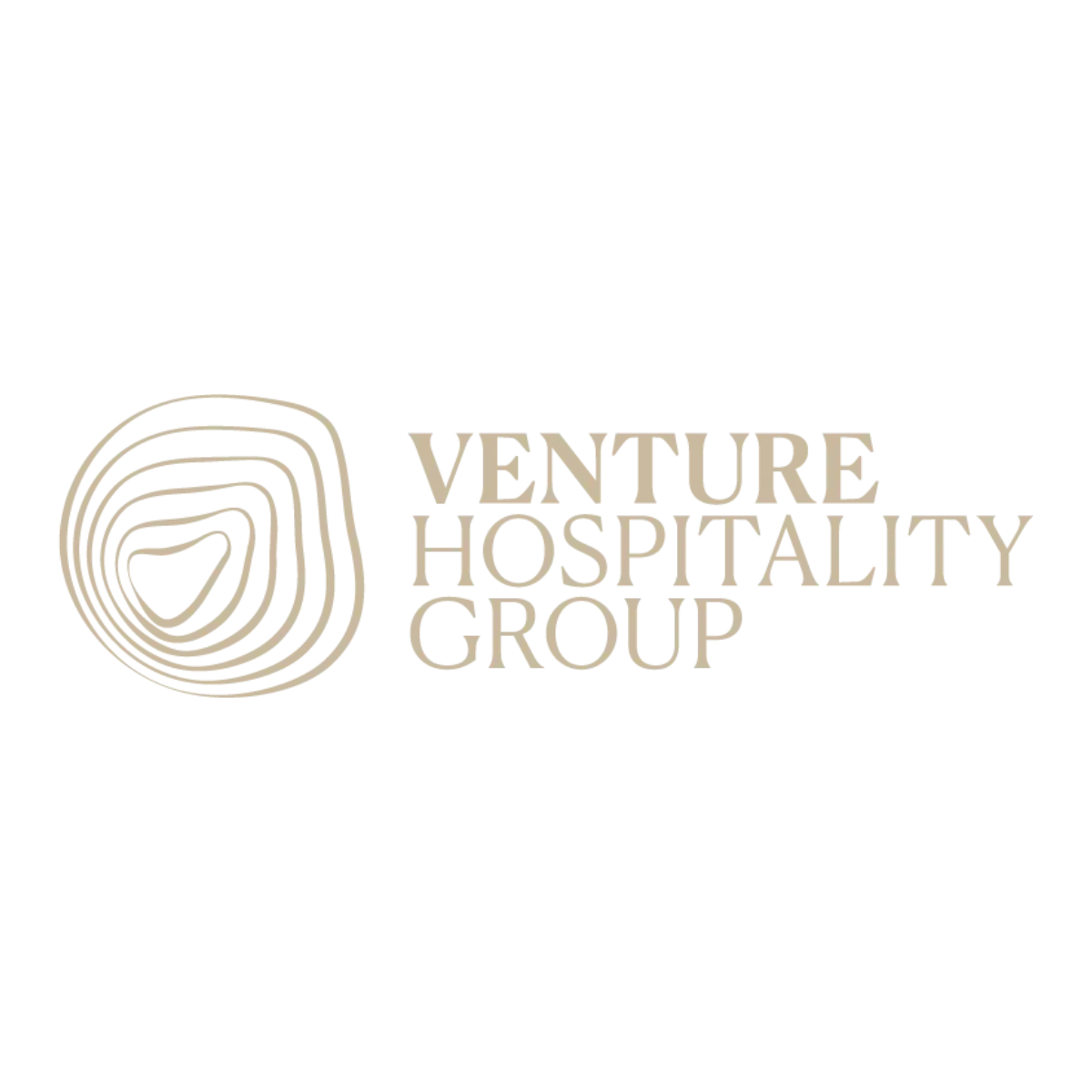 Venture Hospitality Group logo with a stylized tree ring icon on the left and the company's name in beige text on a white background.
