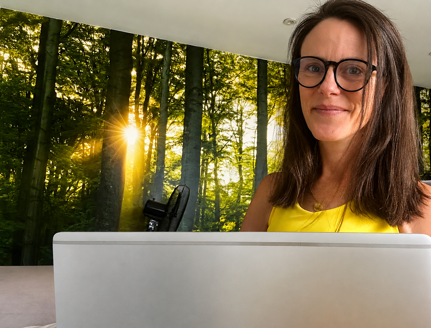 Johanna Courtney, The Digital CMO, working from her garden office.