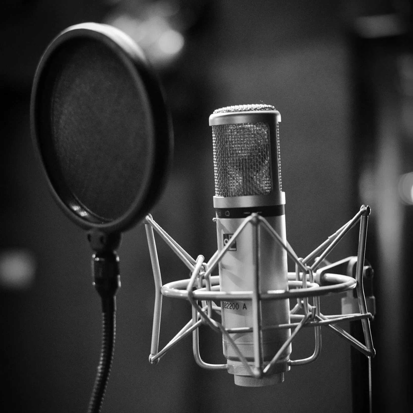 Close-up of a professional studio microphone with a pop filter in a recording studio.