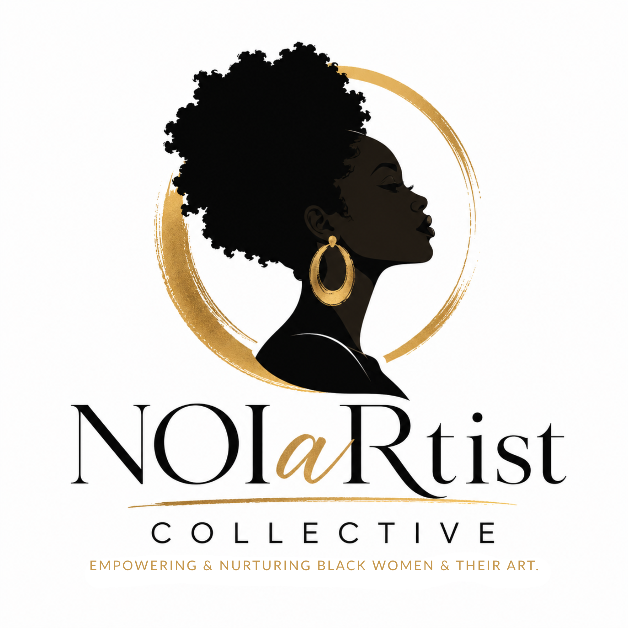 Silhouette of a Black woman with natural Afro hair accessorized with Gold hoops earrings, in profile, with Gold circular design around her head, promoting Black women empowerment and art.