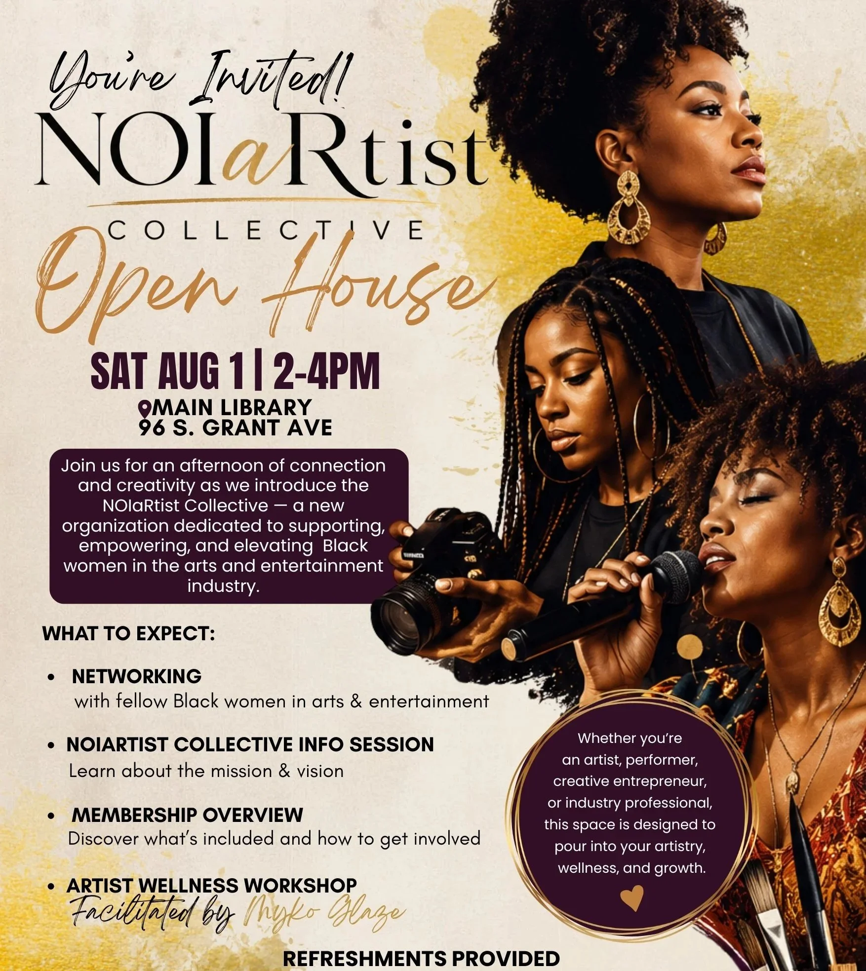 An invitation flyer for the NOlaArtist Collective open house event on Saturday, August 11 from 2 to 4 PM at the Main Library, 96 S. Grant Ave. Features images of Black women with natural hairstyles, earrings, and microphones, emphasizing artistic and cultural empowerment.