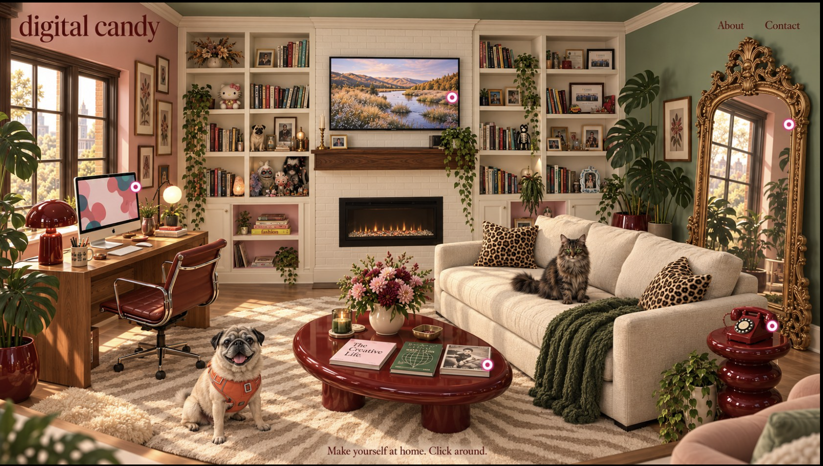 Digital Candy's creative living room, with a desk, bookshelves, fireplace, cream sofa, gold mirror, pug and cat.