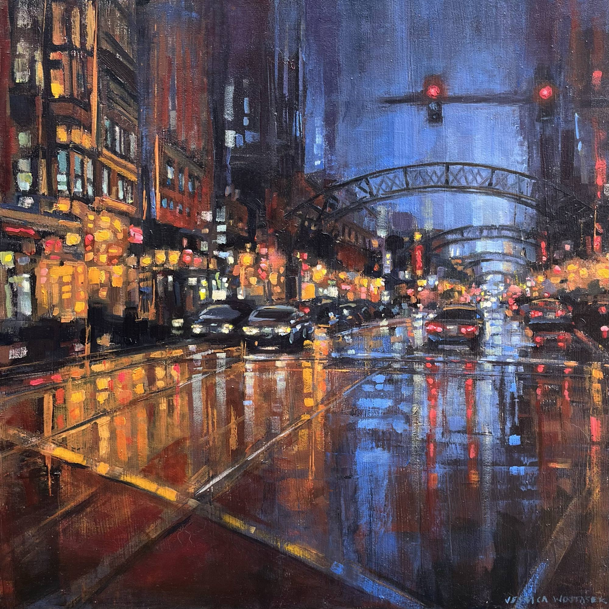 Cityscape painting of the intersection of High St. and Buttles Ave. in the Short North Arts District in Columbus Ohio by Jessica Wojtasek