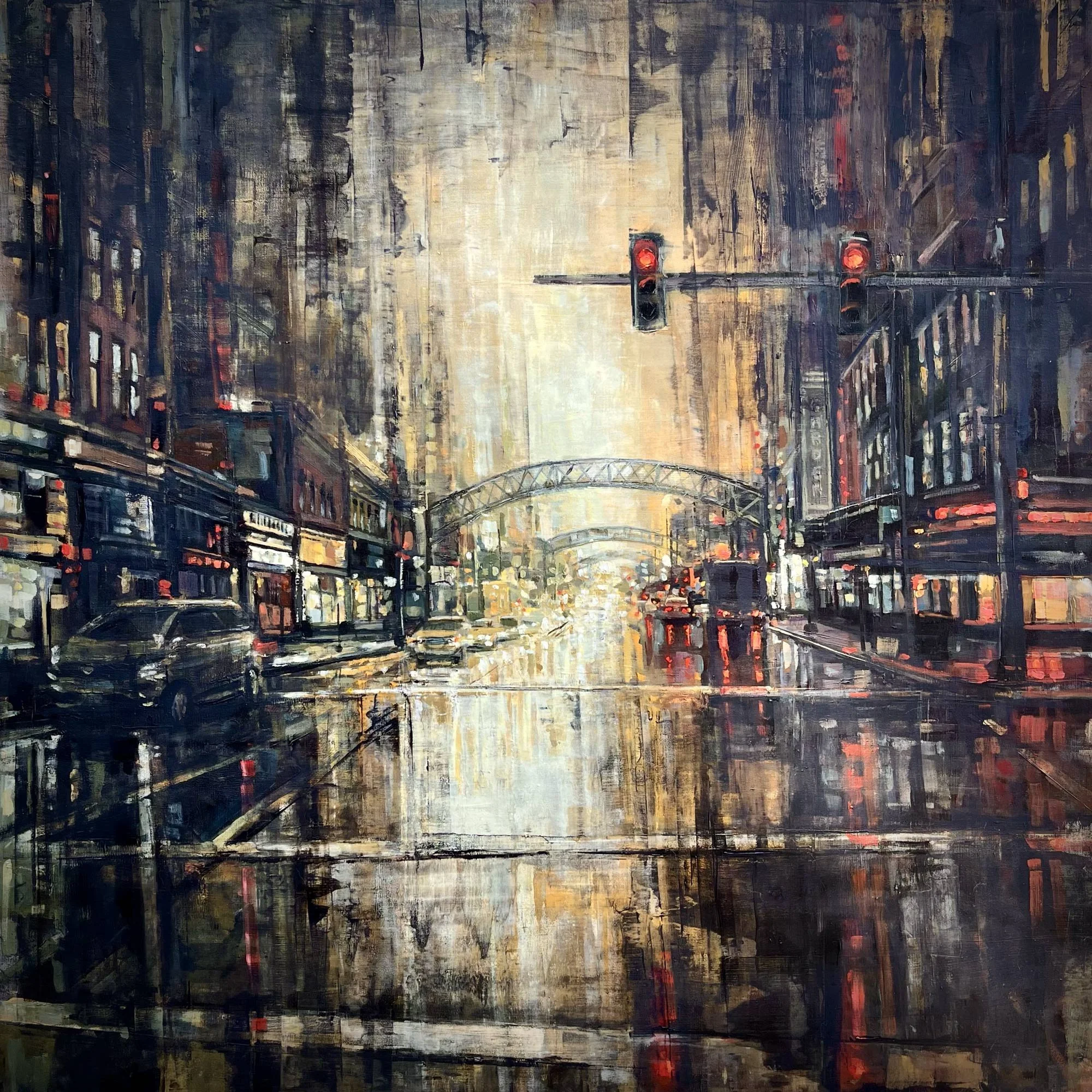 Cityscape painting of the intersection of High St. and 5th Ave. in the Short North Arts District in Columbus Ohio by Jessica Wojtasek