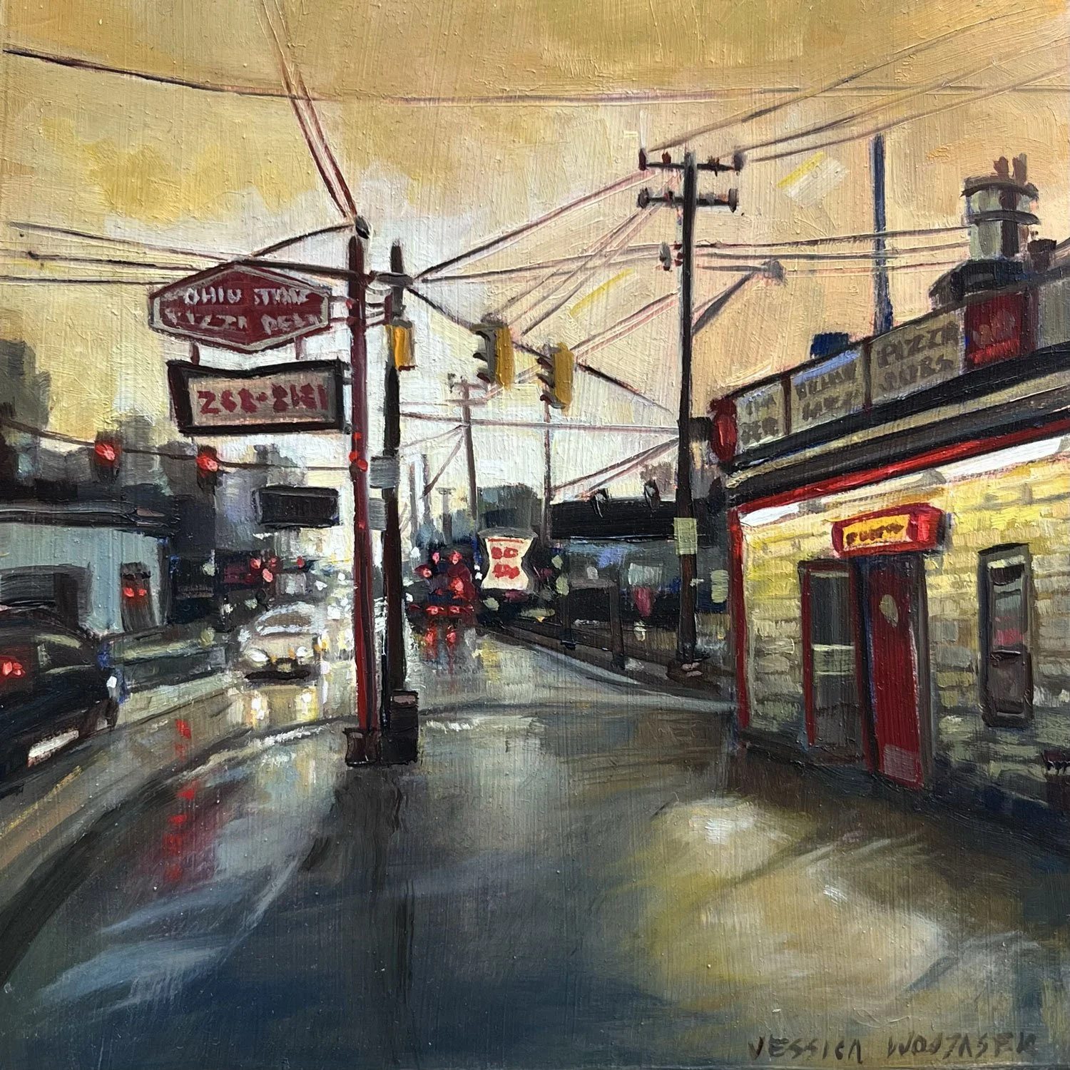 Cityscape painting of the intersection of Hudson and Indianola in Columbus Ohio by Jessica Wojtasek