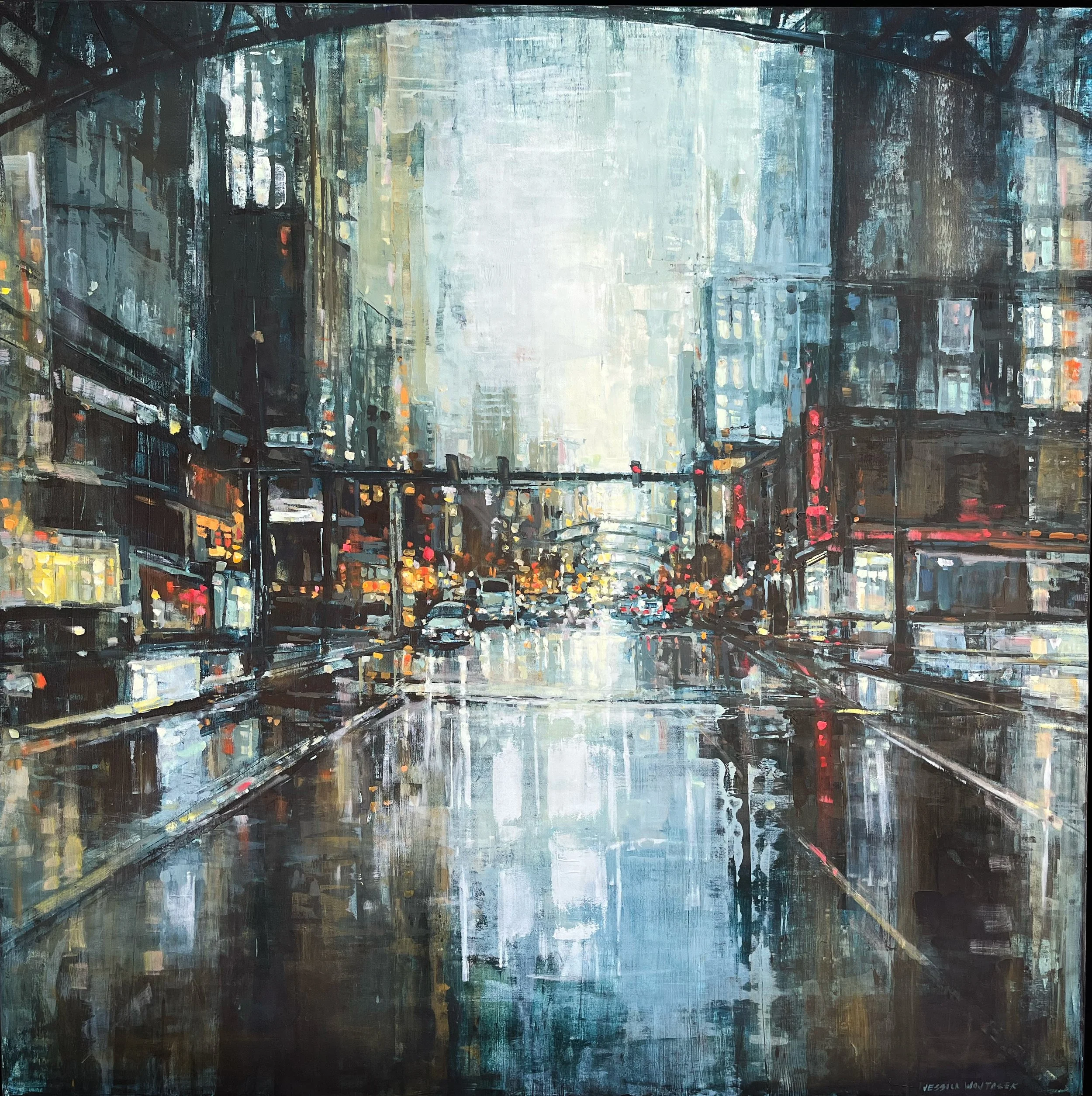 Blue painting by Jessica Wojtasek of the intersection of Hubbard St. and High St. in the Short North, Columbus Ohio.